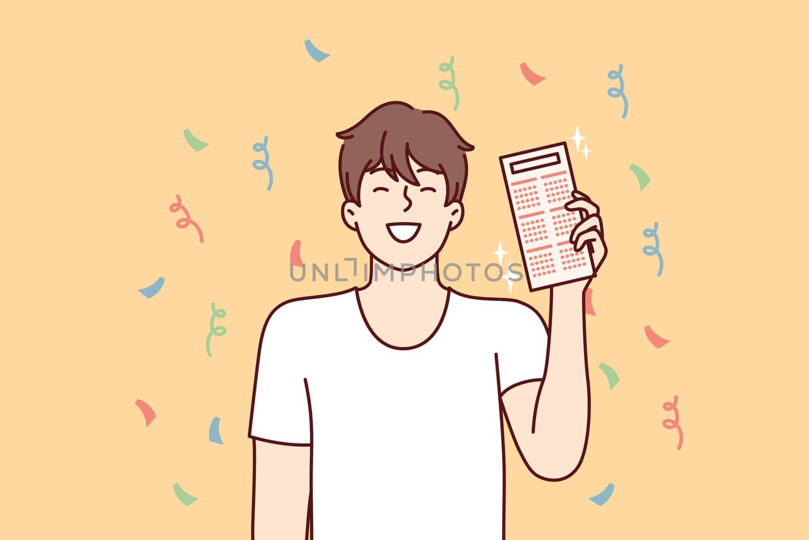 Happy man with calendar or work schedule in hands smiling while standing among falling confetti. Guy rejoices at fulfillment working deadlines or successful completion of project. Flat vector design