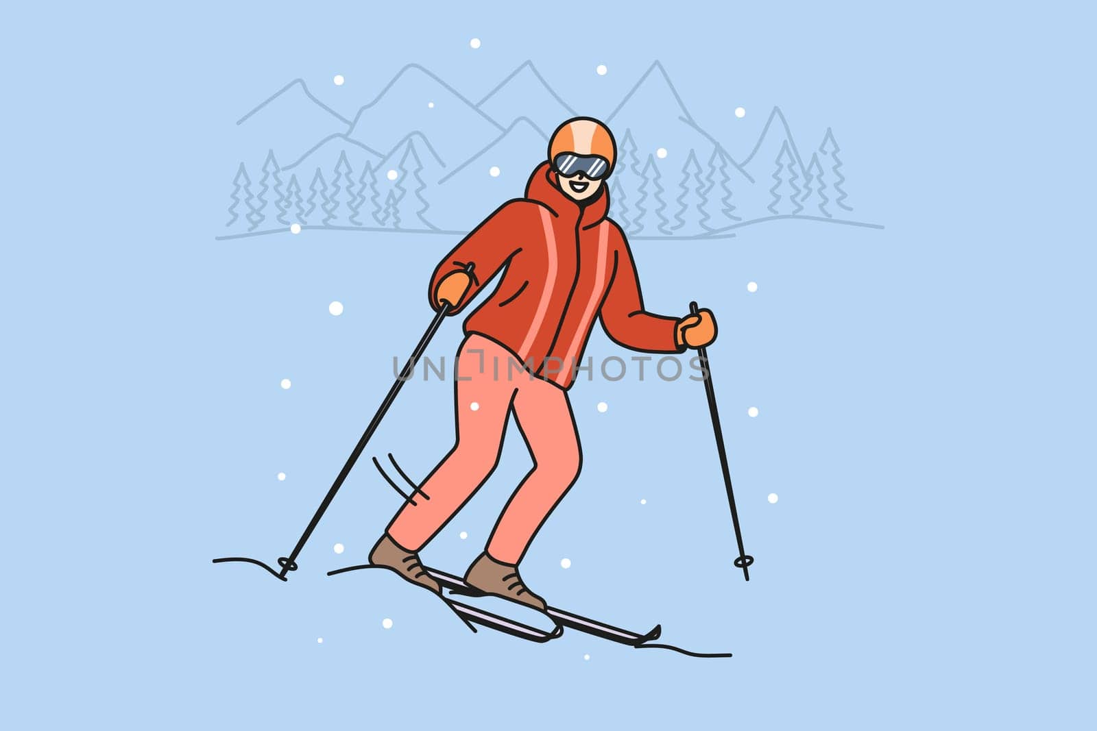 Smiling woman in outerwear skiing on mountain during winter holidays. Happy female skier in helmet and goggles enjoy active holidays outdoors. Vector illustration.