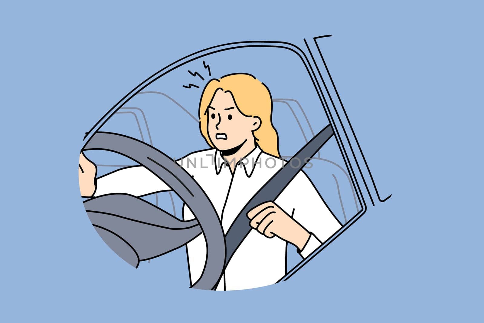 Furious young woman beep at road driving car. Mad girl feel angry and frustrated in traffic lose control. Vector illustration.