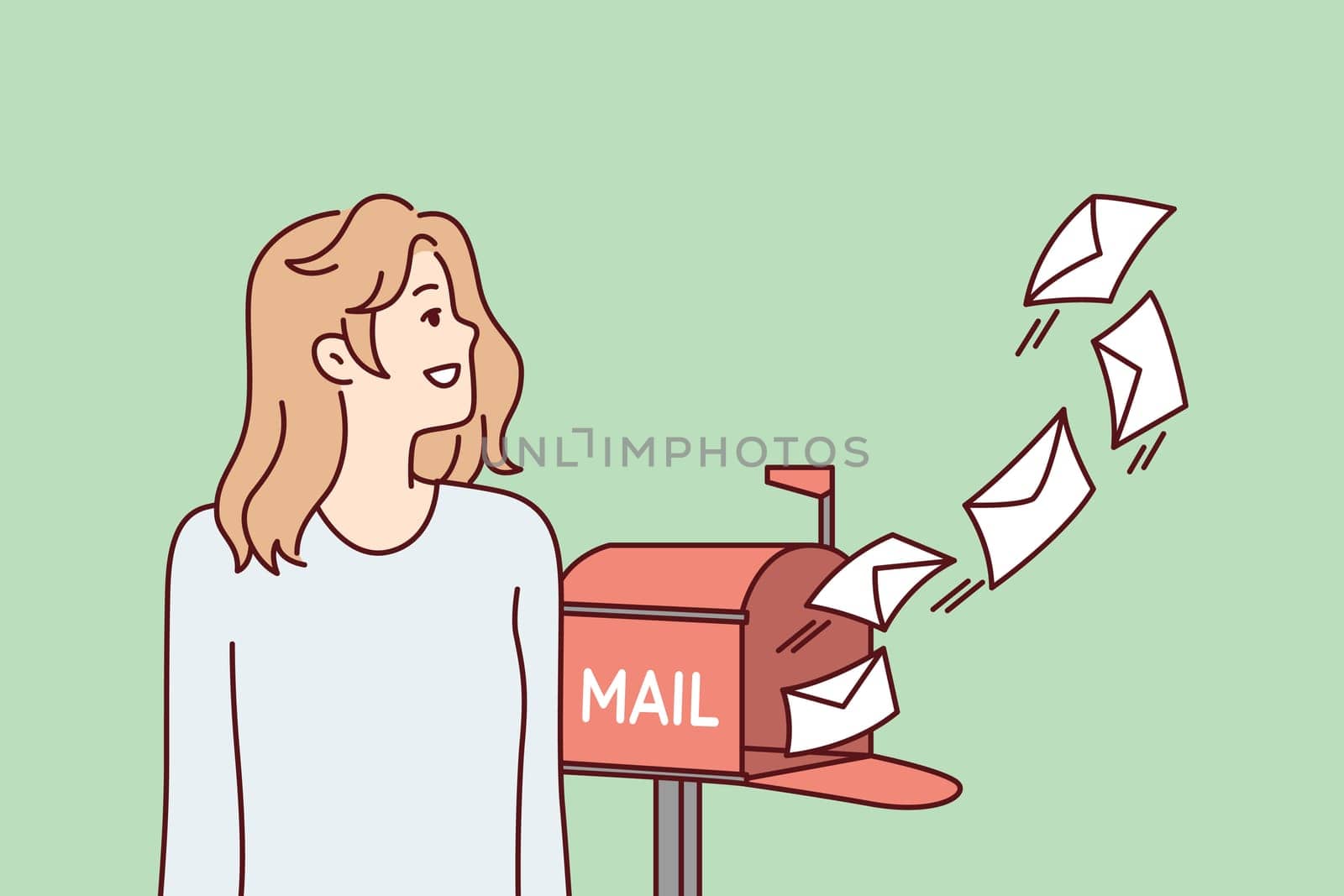 Woman with smile looks at letters flying out of street mailbox, rejoicing at fast delivery of postal items. Cheerful girl receiving many messages from boyfriend or friends. Flat vector illustration