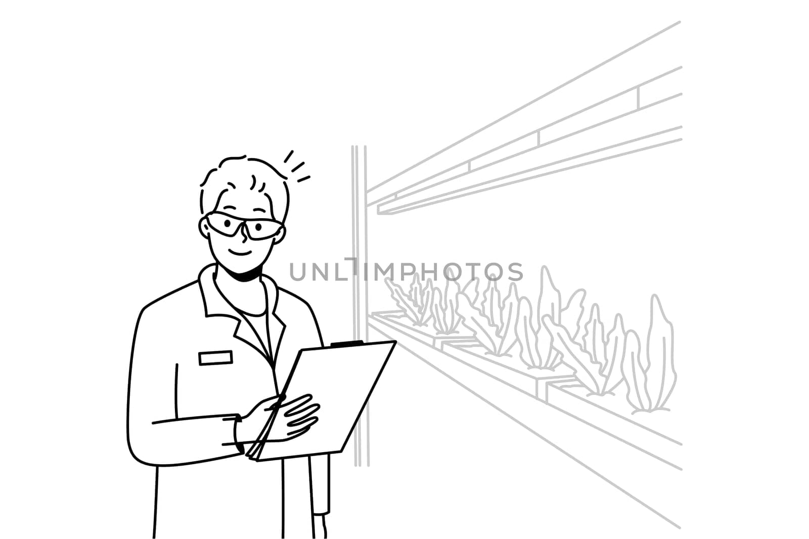 Smiling male scientist in uniform growing plants in laboratory. Happy man researcher make experiments in lab or greenhouse. Vector illustration.