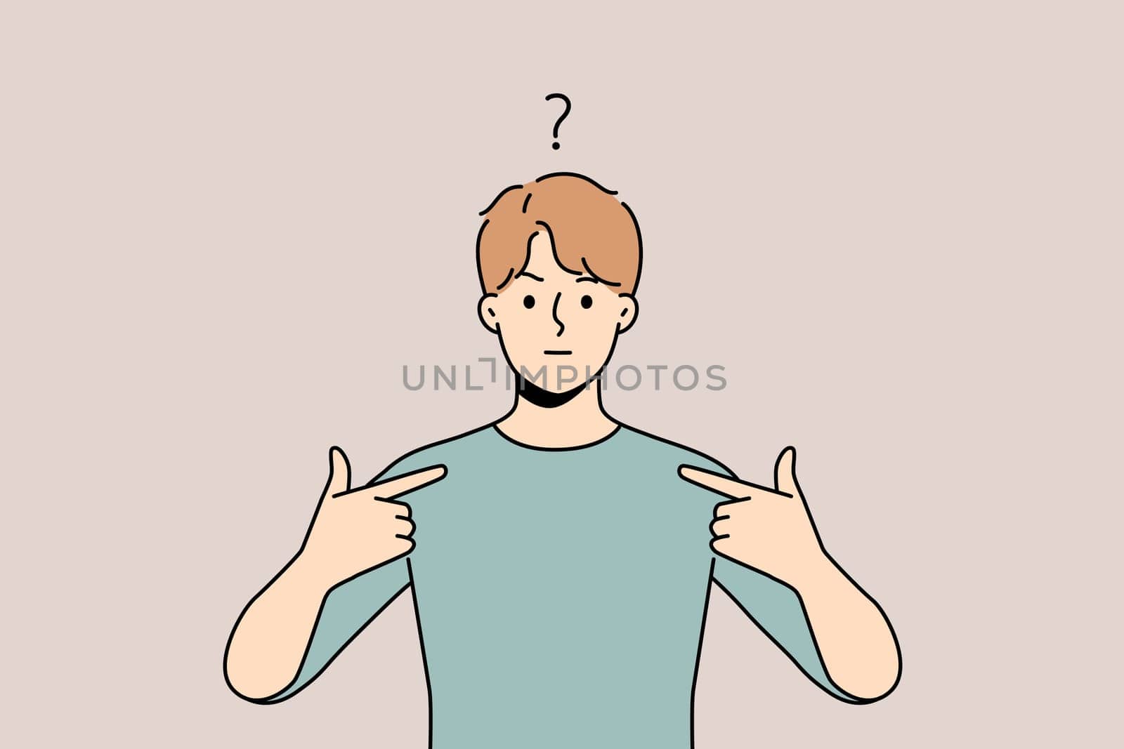 Frustrated young man feel confused point at himself. Unhappy guy feeling anxious showing with finger at him. Confusion and frustration.