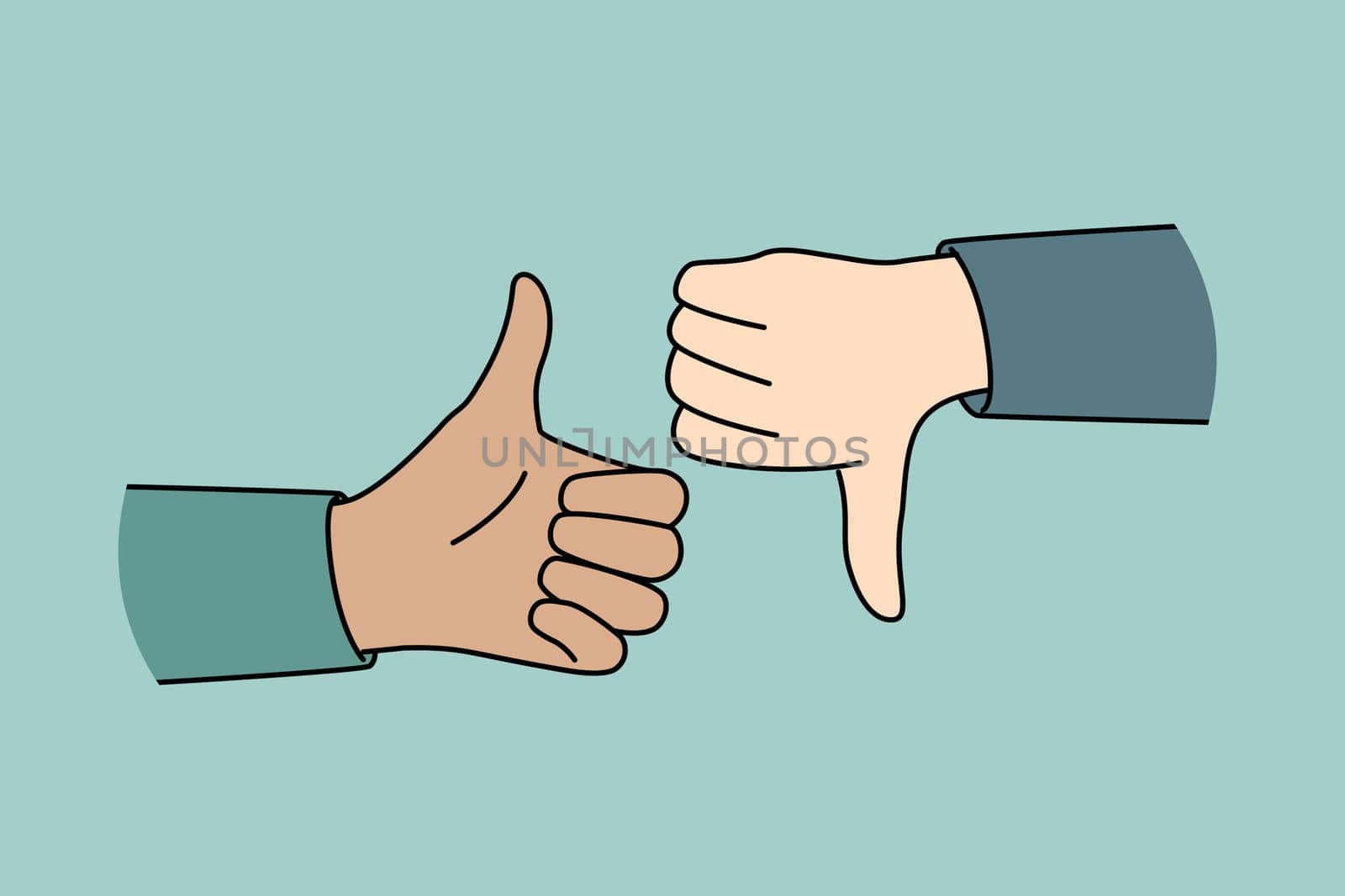 Closeup of people hands showing thumb up and down. Man or woman demonstrate like or dislike. Approval and disapproval. Vector illustration.