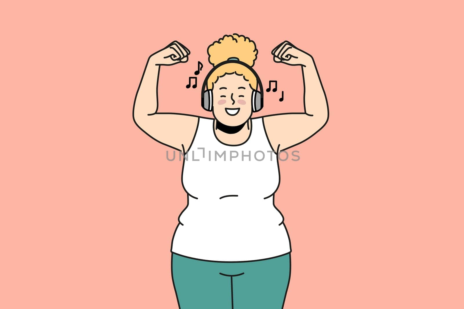 Overjoyed overweight woman in headphones listen to music do sports. Smiling fat girl in earphones enjoy good quality sound training. Vector illustration.