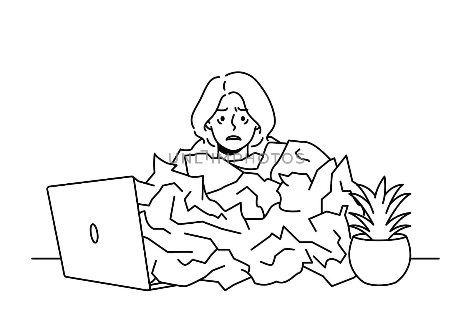 Tired female employee under paper pile overwhelmed with work in office. Exhausted woman overworked at workplace. Burnout and fatigue. Vector illustration.