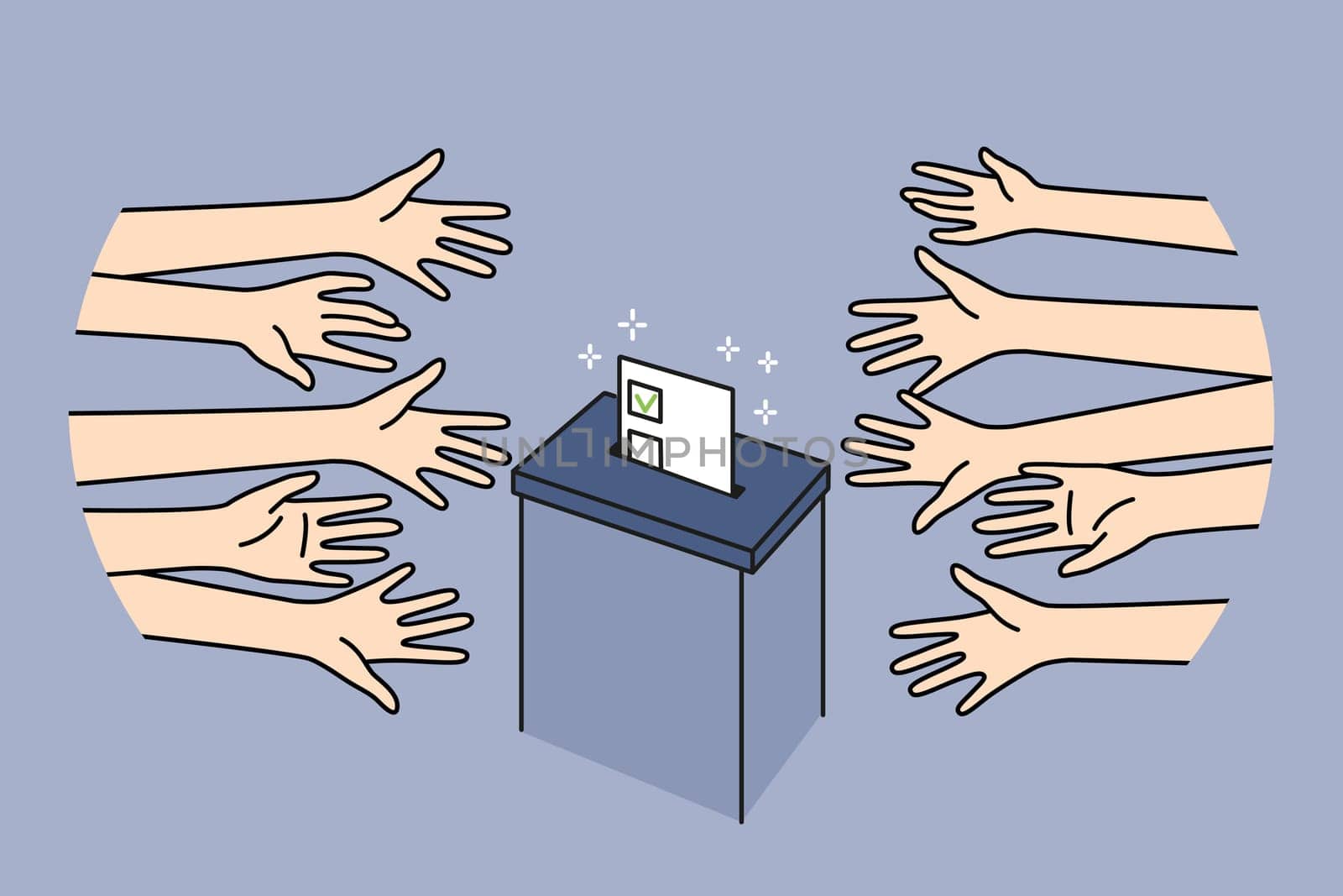Diverse people near election box voting. Voters stretch hands throw political ballot. Right to vote concept. Vector illustration.