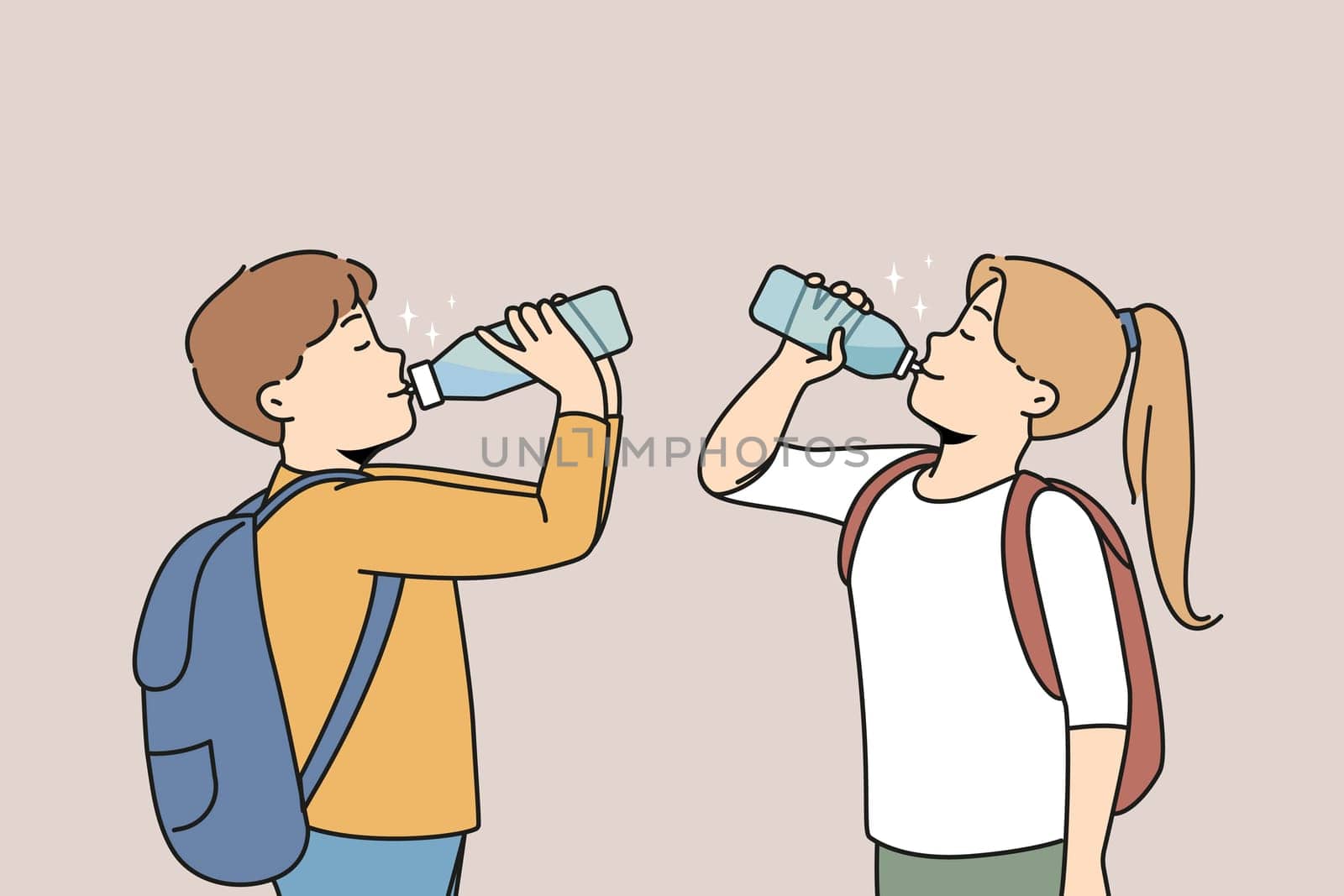 Small children with backpacks drinking fresh water from plastic bottles. Happy kids suffer from thirst enjoy clear aqua for hydration. Vector illustration.