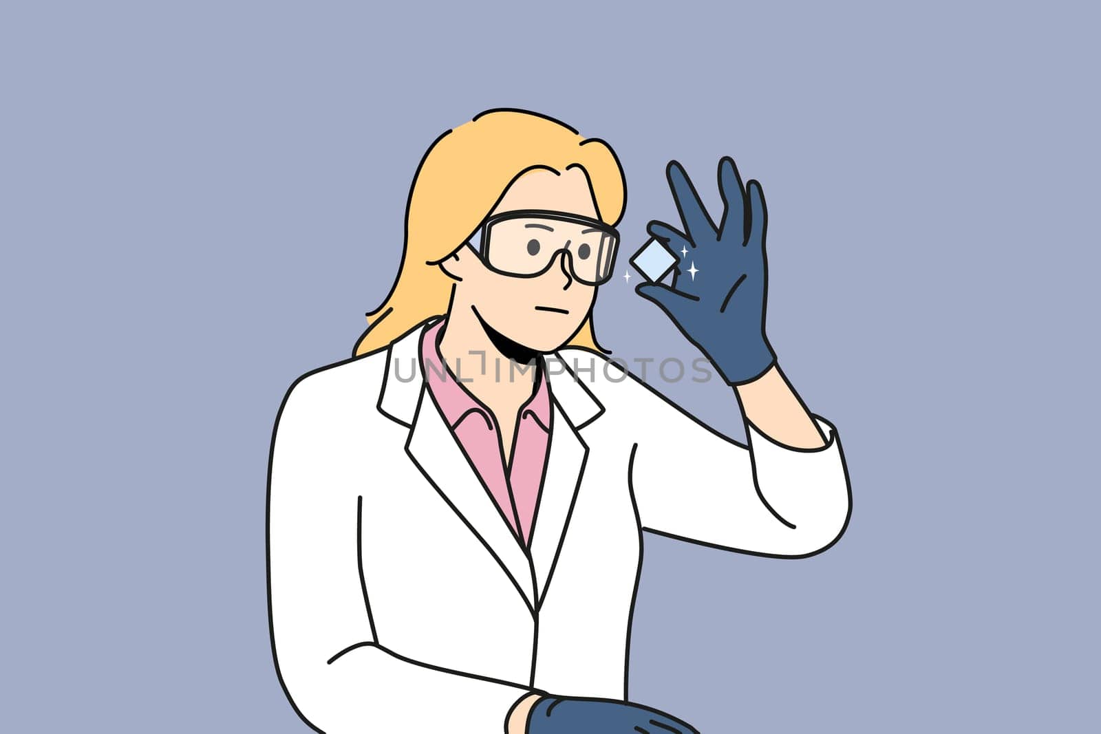 Young woman in white uniform look at chemical element make experiment. Smiling female researcher or scientist in glasses analyze object. Vector illustration.