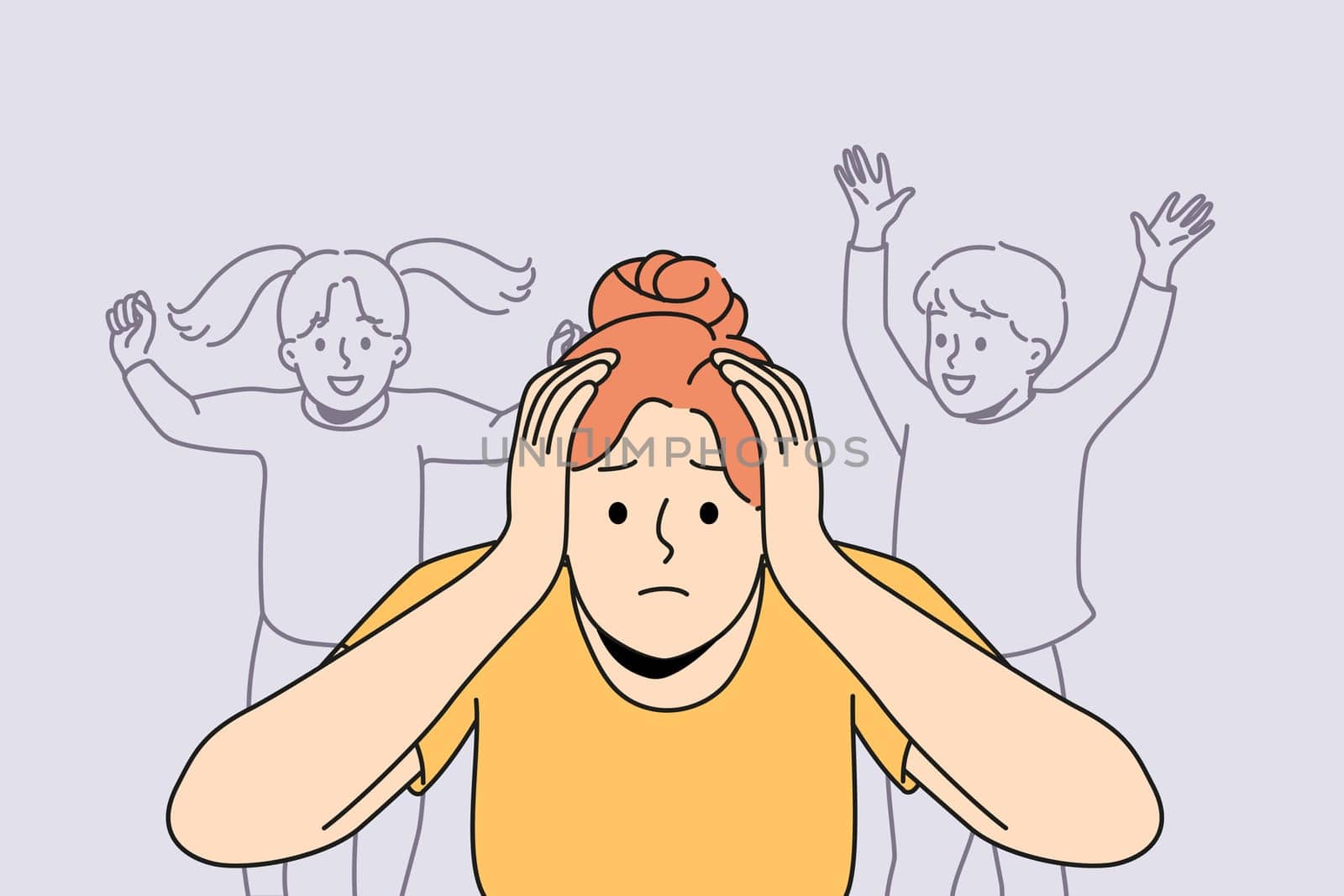 Stressed young mother annoyed with loud kids screaming. Unhappy distressed woman bothered with noisy children suffer from motherhood. Vector illustration.