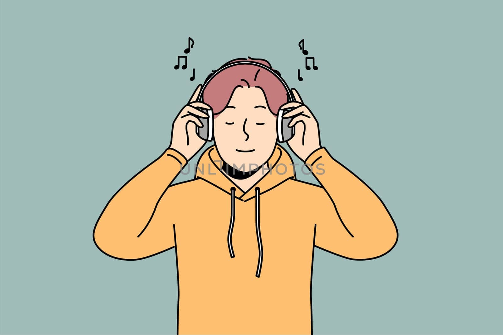 Smiling young man listen to music in modern wireless headphones. Happy guy enjoy good quality sound in earphones. Hobby and amusement. Vector illustration.