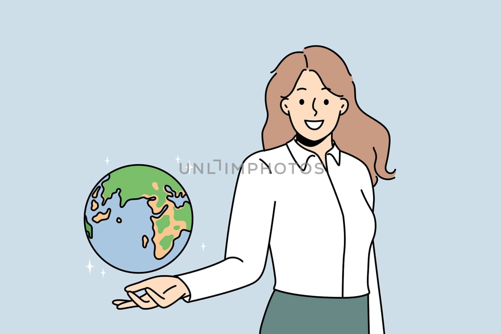 Smiling young female teacher holding globe on hand. Happy woman geography tutor showing planet Earth model. Education and learning. Vector illustration.