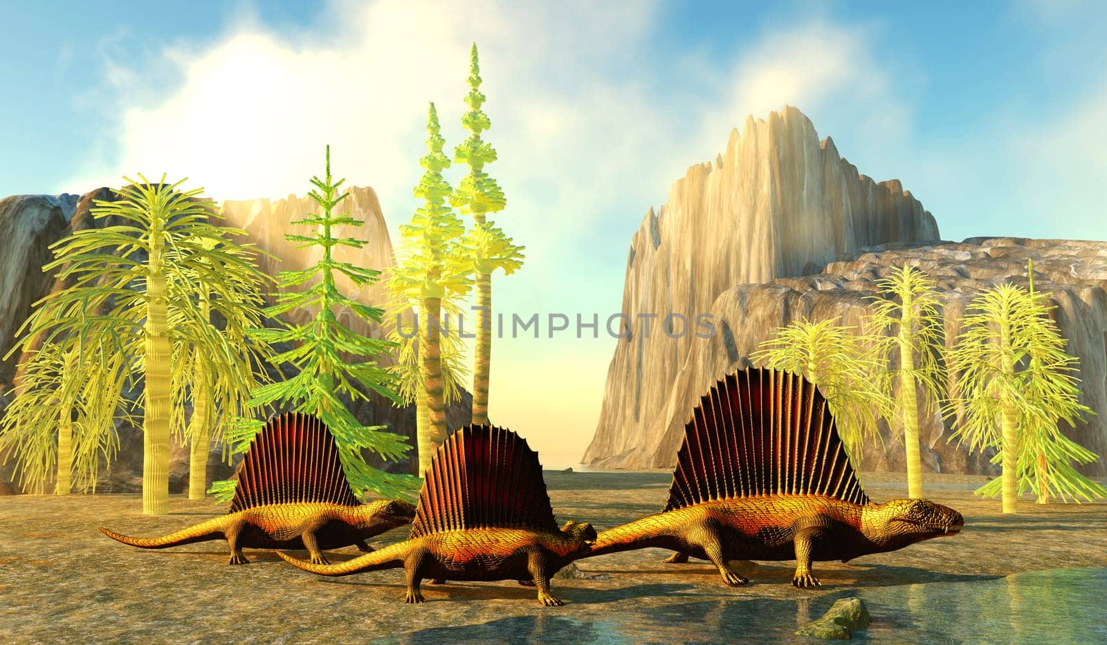 Dimetrodon primitive predators stick together looking for prey during the Permian Period.