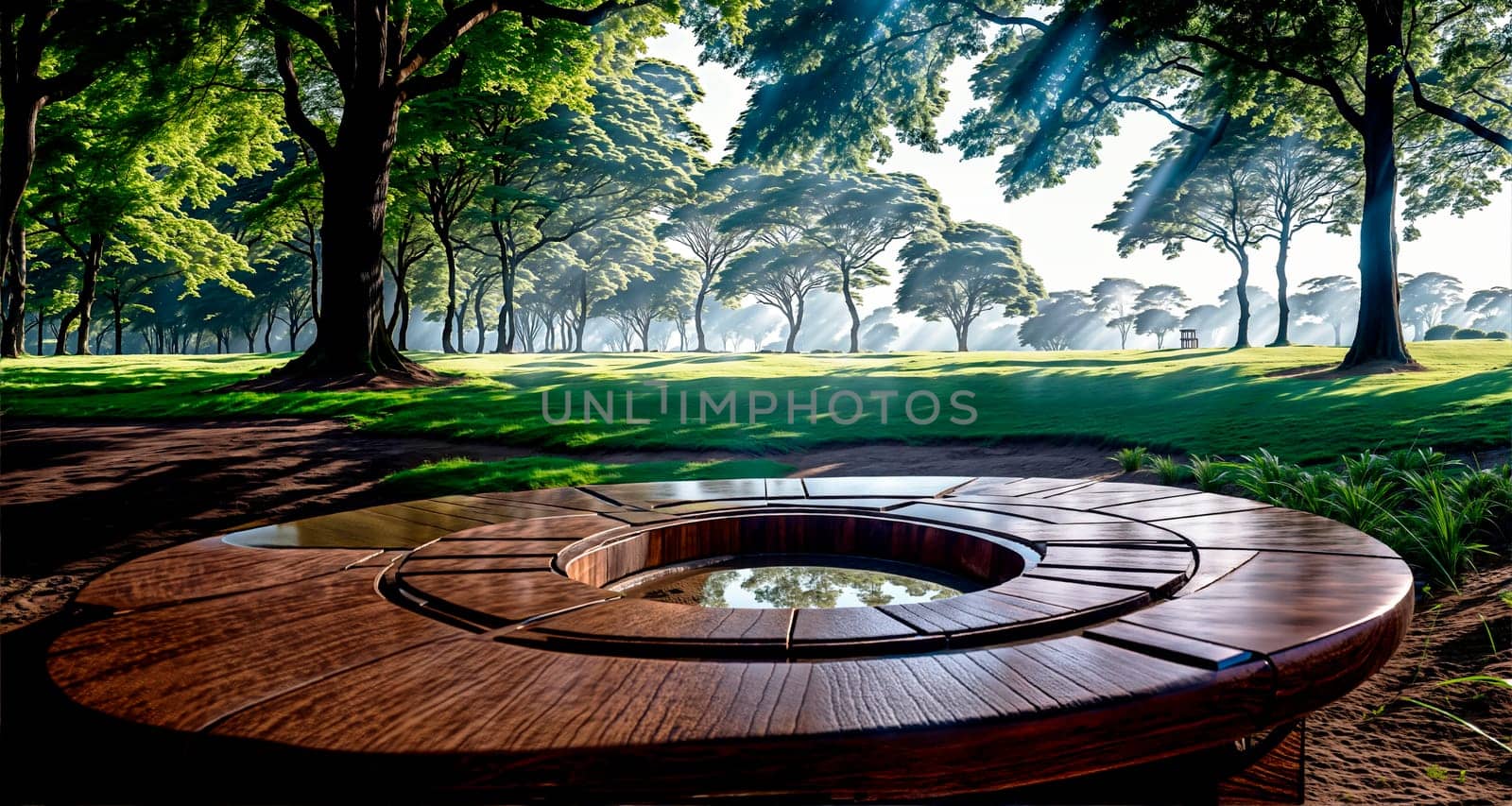 Morning light breaks through the trees in the park, reflecting on the water of a circular wooden structure. Generative AI.