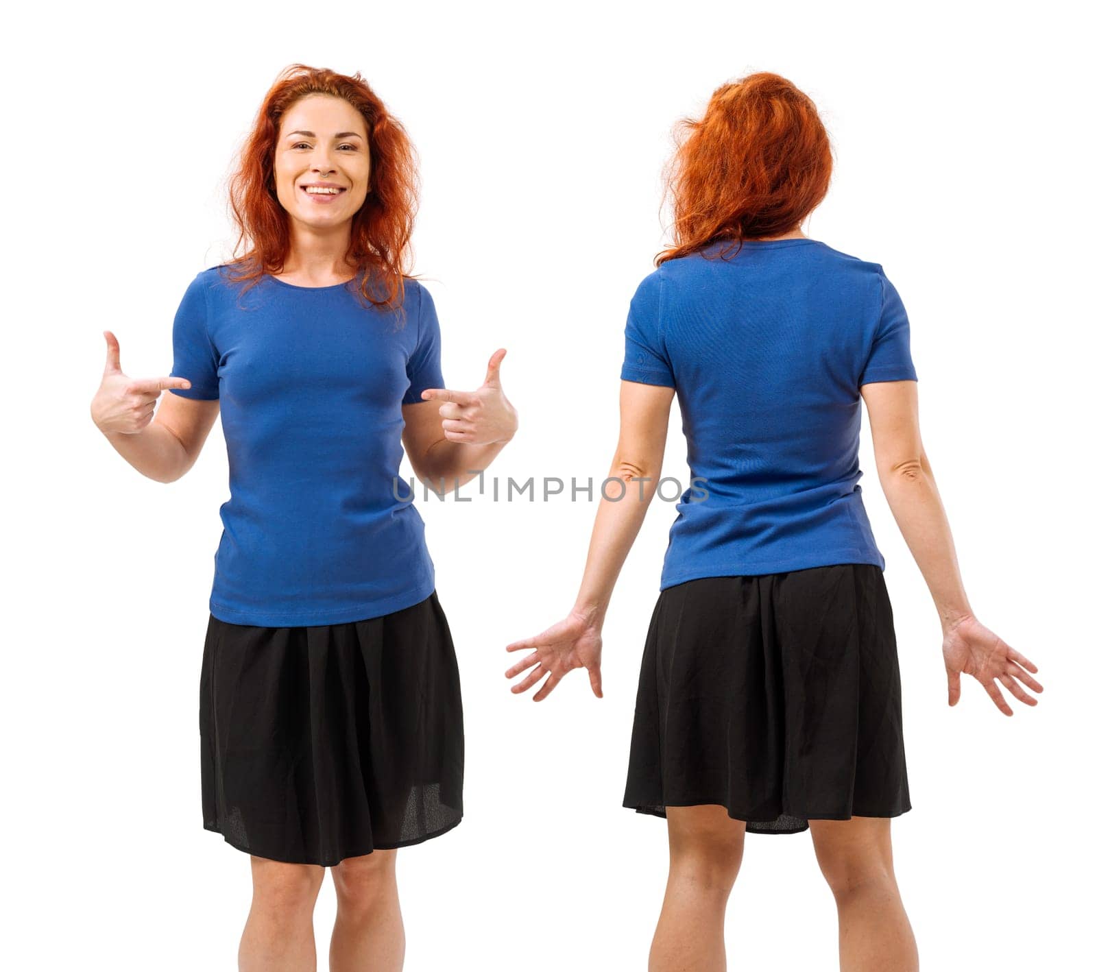 Photo of a young beautiful redhead woman with blank blue shirt and black skirt, front and back. Ready for your design or artwork.