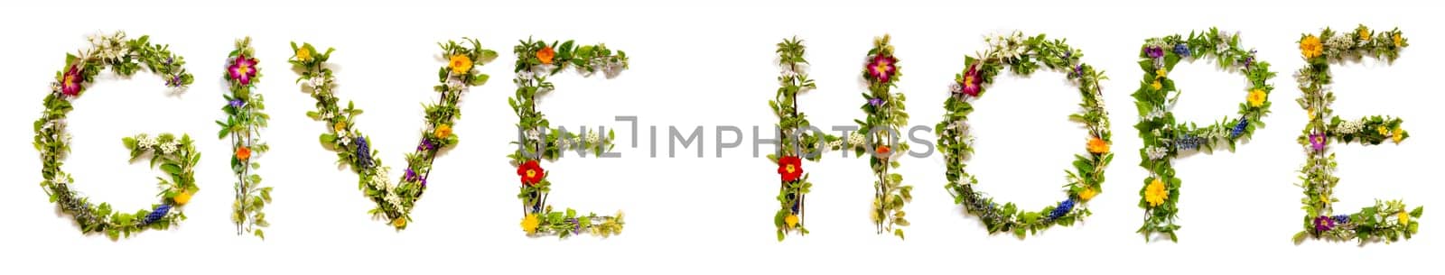Blooming Flower Letters Building English Text Give Hope. Summer And Spring Season Blossoms And Flower Lei.