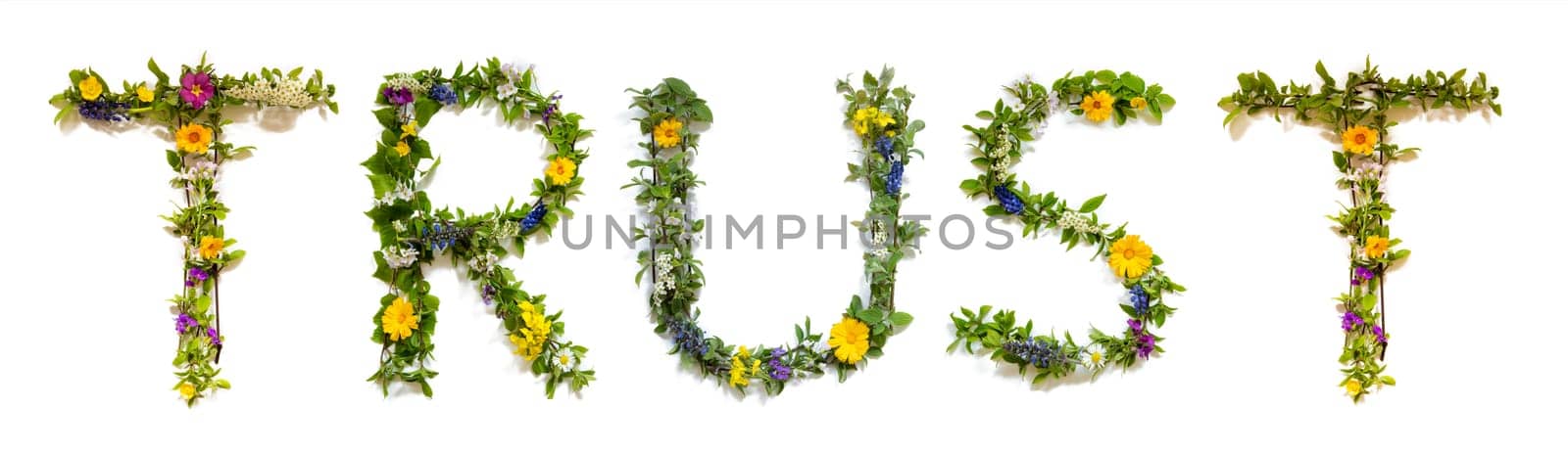 Blooming Flower Letters Building English Word Trust. Summer And Spring Season Blossoms And Flower Lei.