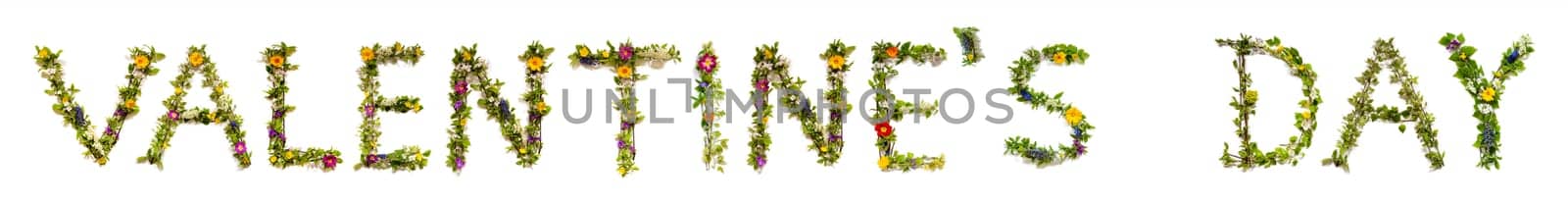 Blooming Flower Letters Building English Text Valentines Day. Summer And Spring Season Blossoms And Flower Lei.