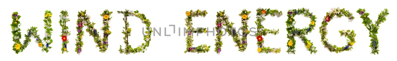 Blooming Flower Letters Building English Text Wind Energy. Summer And Spring Season Blossoms And Flower Lei.