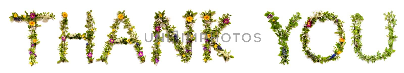 Blooming Flower Letters Building English Text Thank You. Summer And Spring Season Blossoms And Flower Lei.