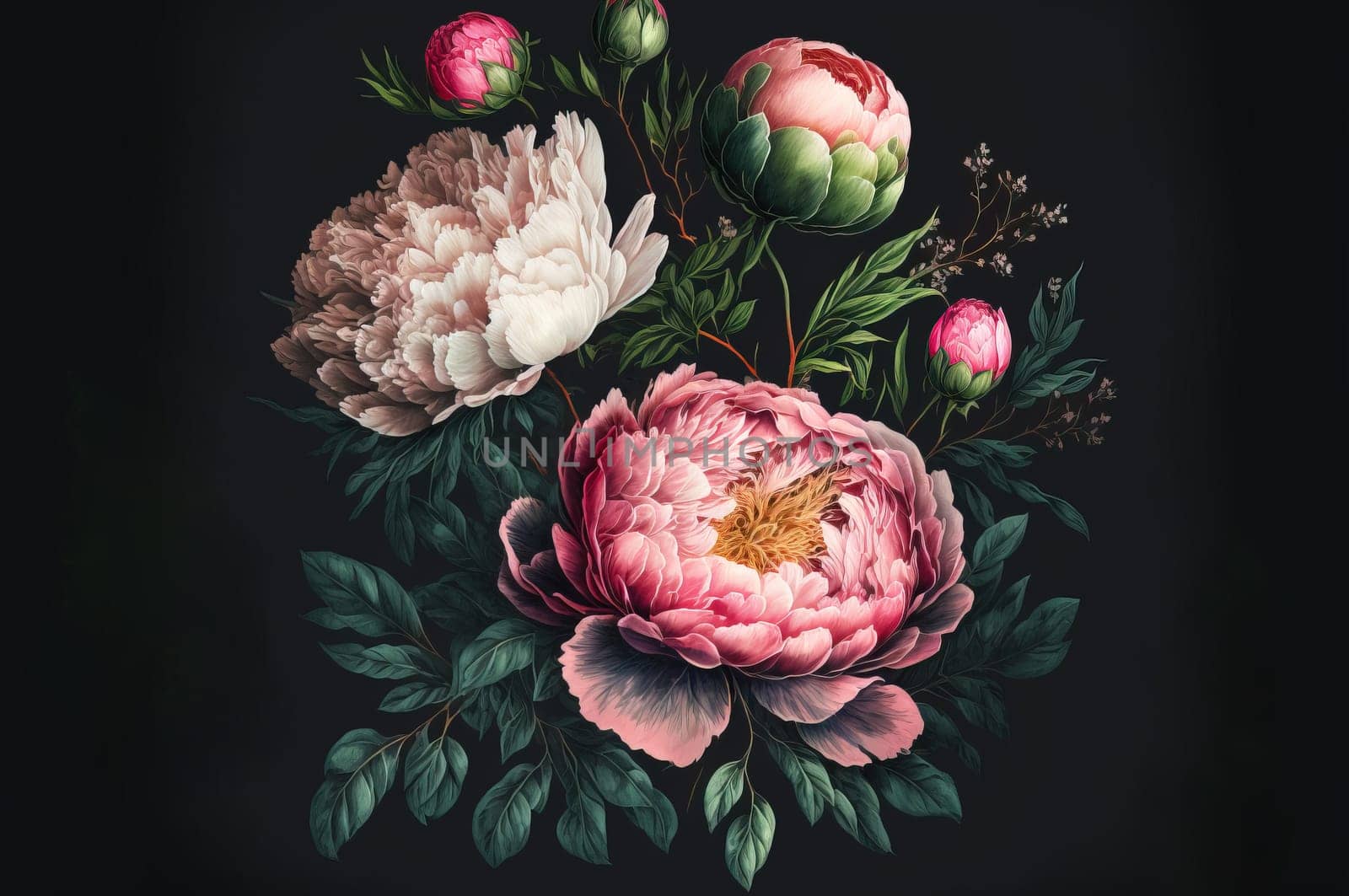 Bouquet of peony flowers on dark background. Generative AI