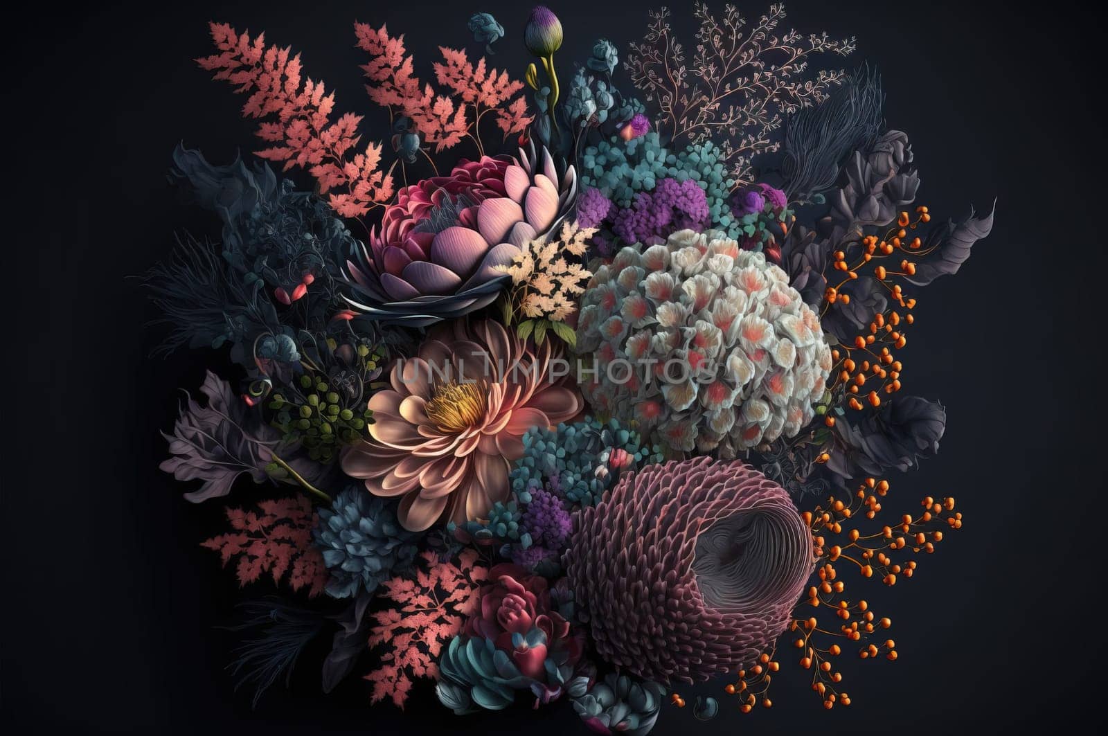 Bouquet of flowers on dark background. Generative AI