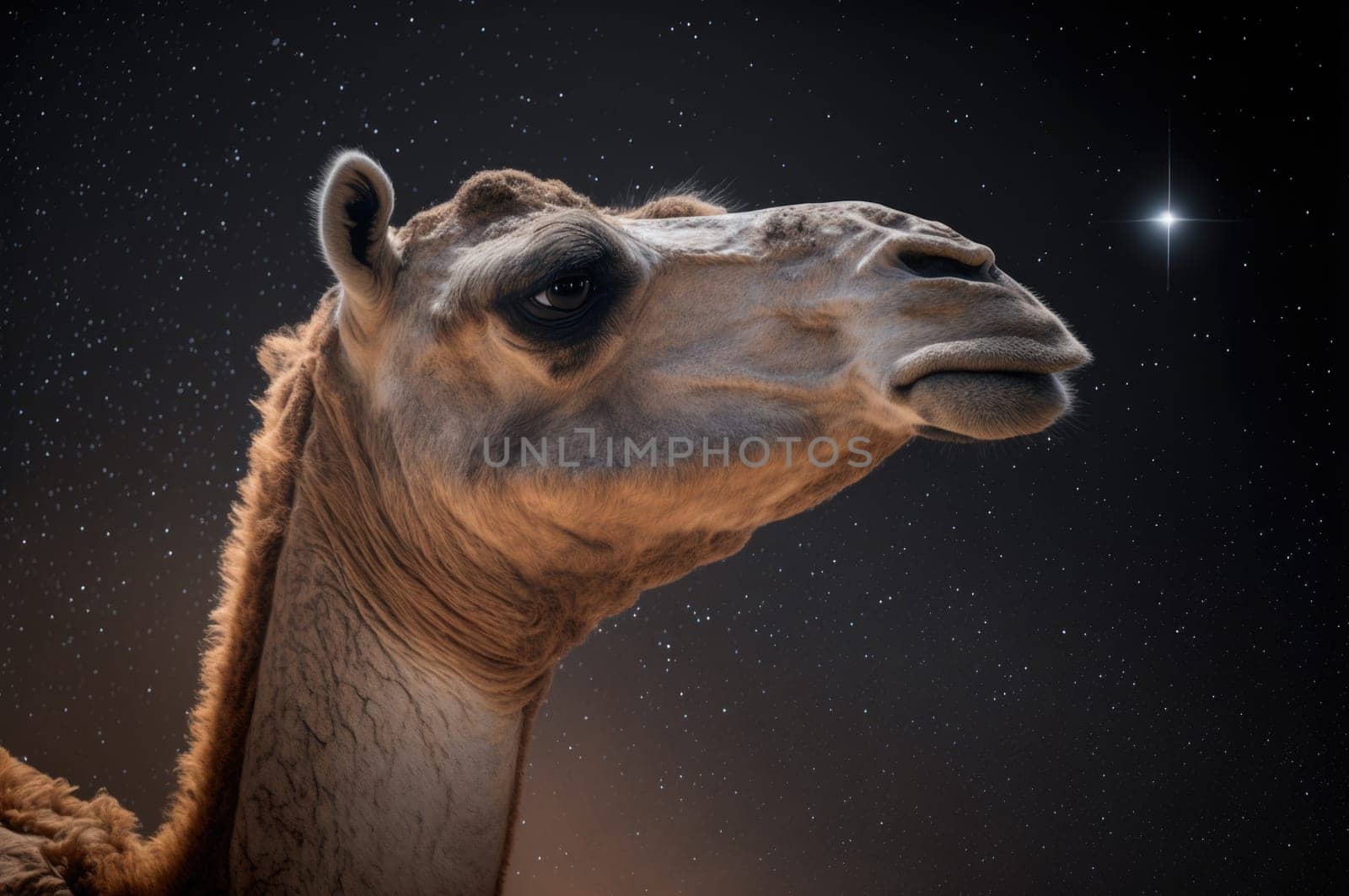 Camel in the desert at night. Generative AI