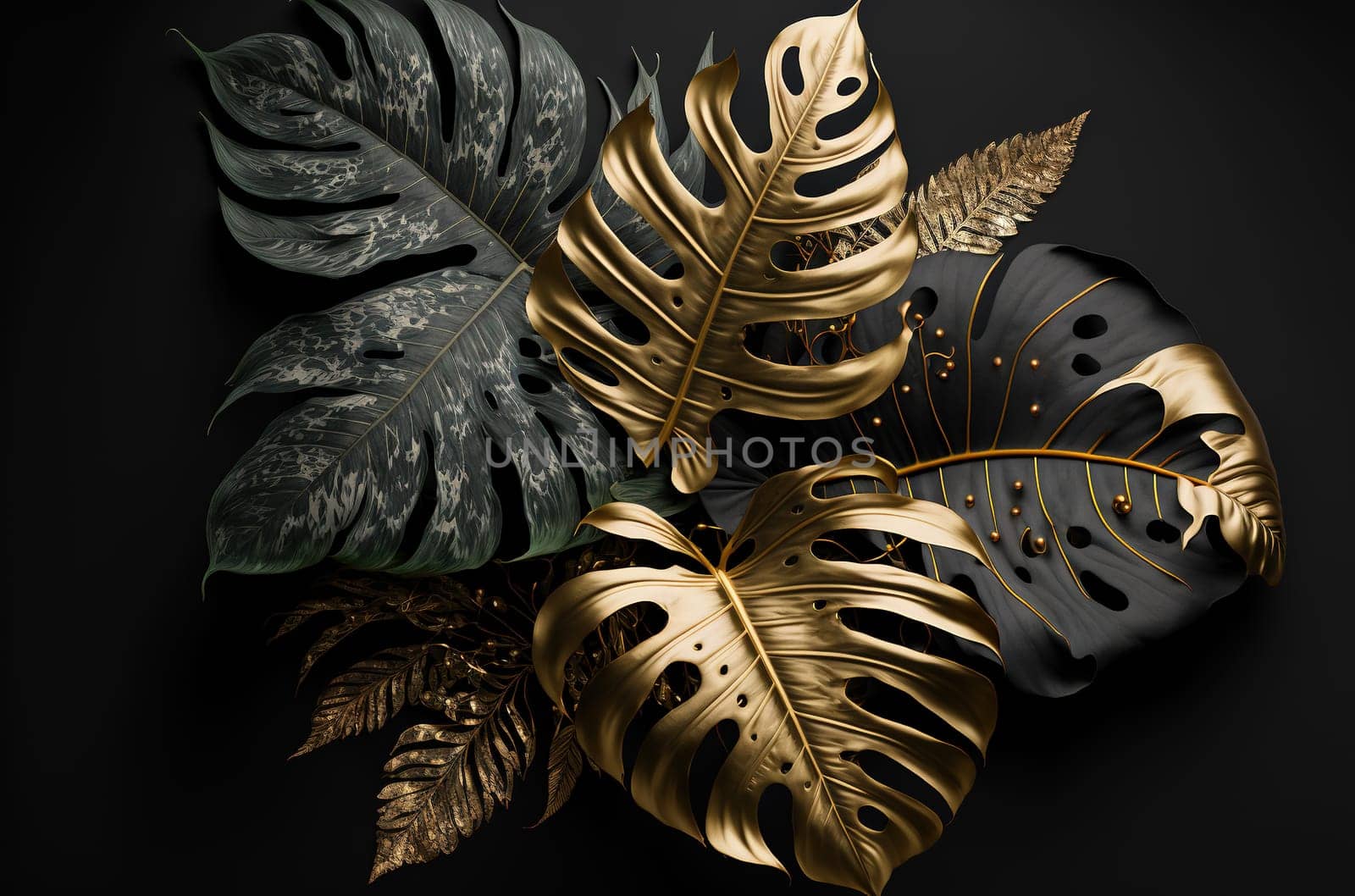 Black and golden tropical leaves on dark background. Generative AI
