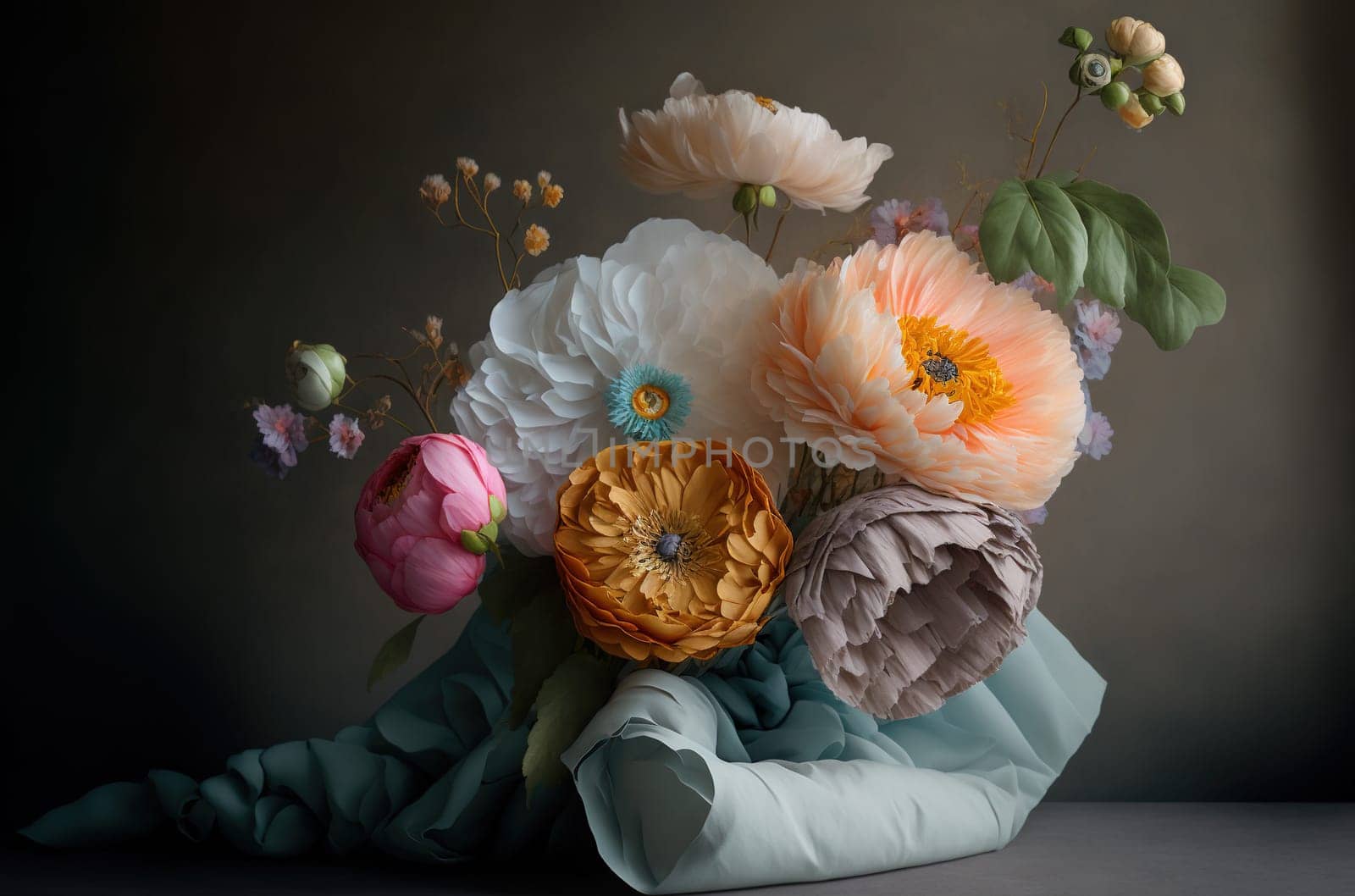 Bouquet of paper flowers on dark background. Generative AI