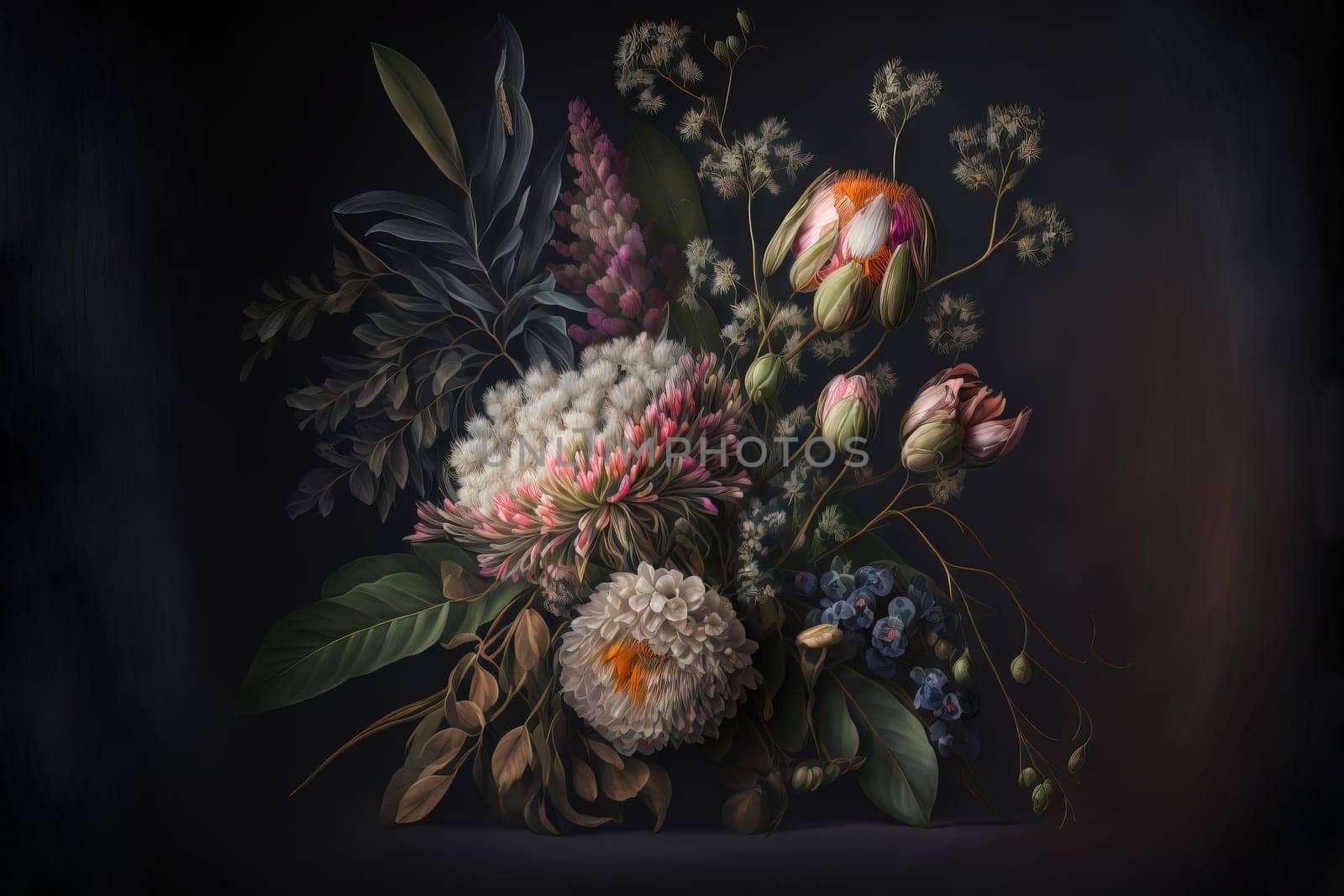 Bouquet of flowers with eucalyptus on dark background. Generative AI