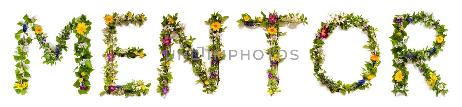 Blooming Flower Letters Building English Word Mentor. Summer And Spring Season Blossoms And Flower Lei.