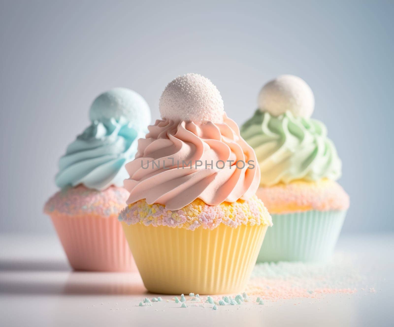 Pastel colored cupcakes with round candy on top on a table. Generative AI