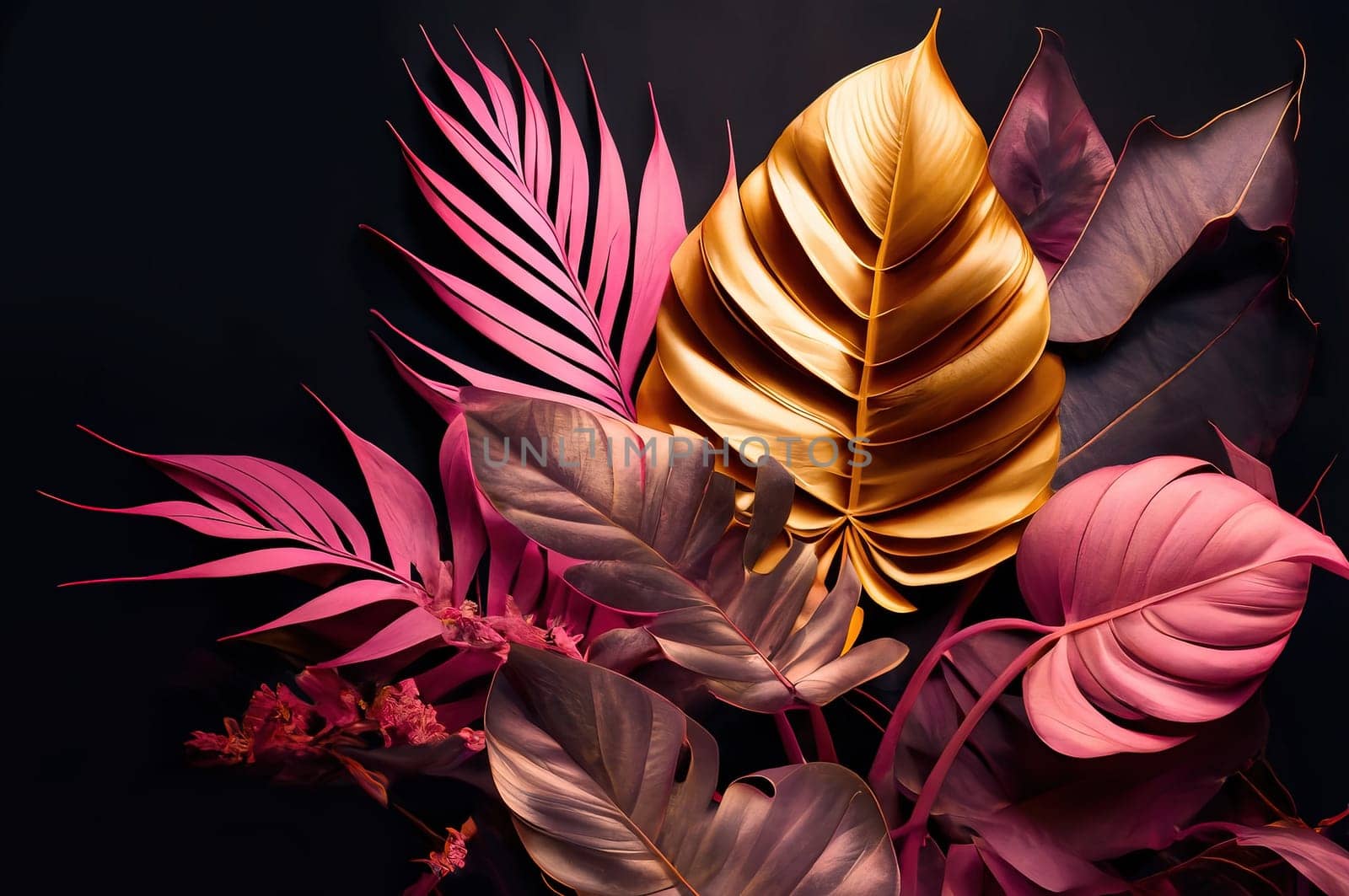 Pink, green and golden tropical leaves on dark background. Generative AI