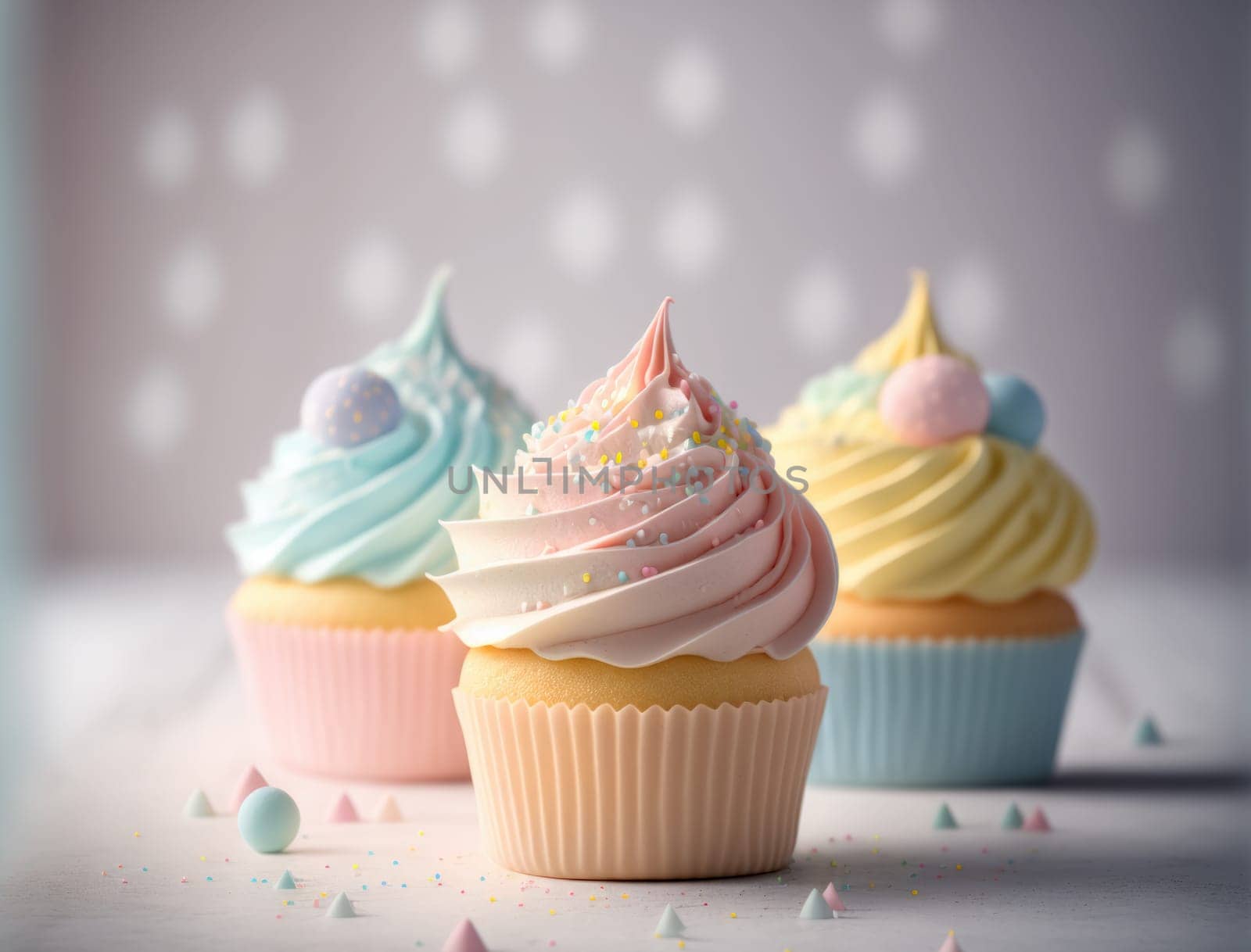 Pastel colored cupcakes on a table. Generative AI