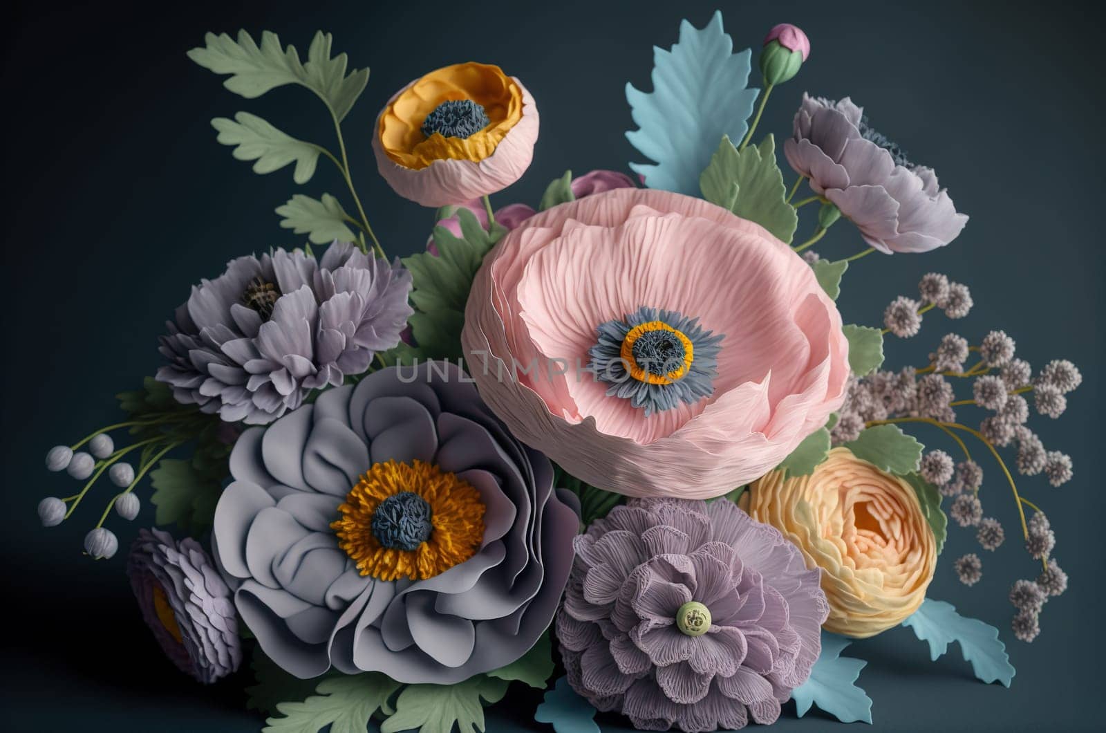 Bouquet of paper flowers on dark background. Generative AI