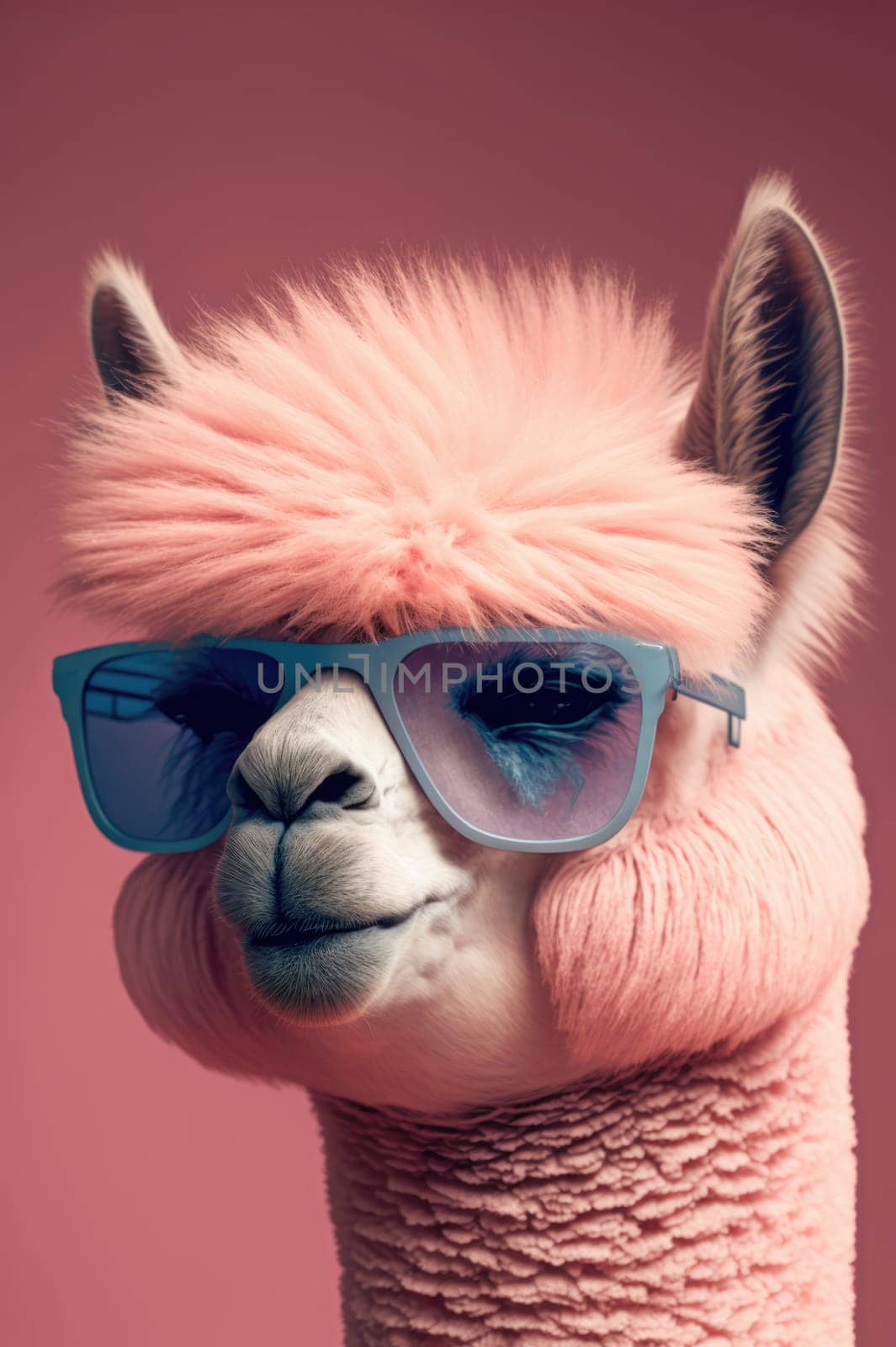 Pink alpaca wearing turquoise sunglasses on pink background. Generative AI