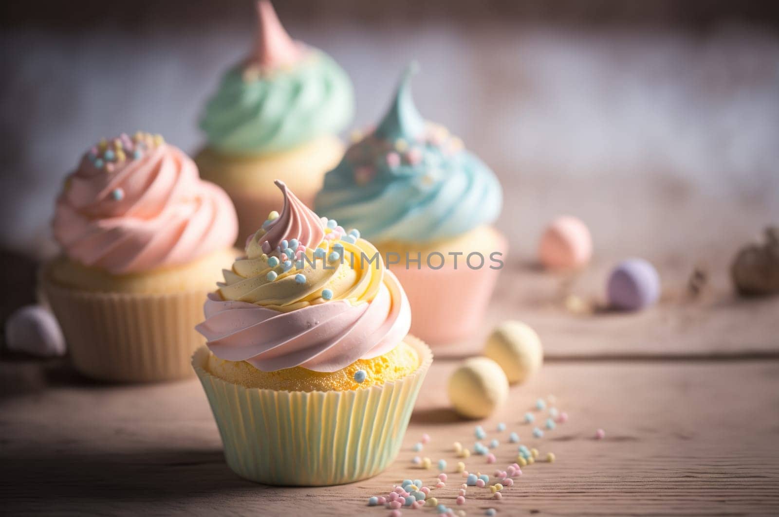 Pastel colored cupcakes on a table. Generative AI