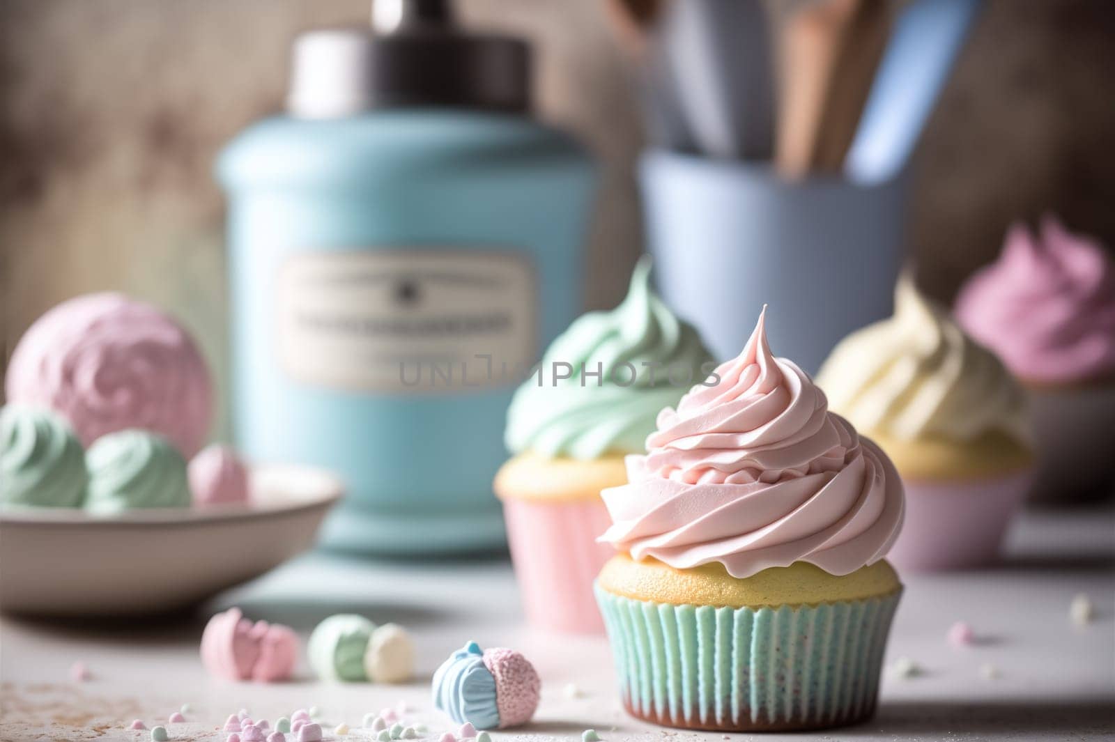 Pastel colored cupcakes on a table. Generative AI