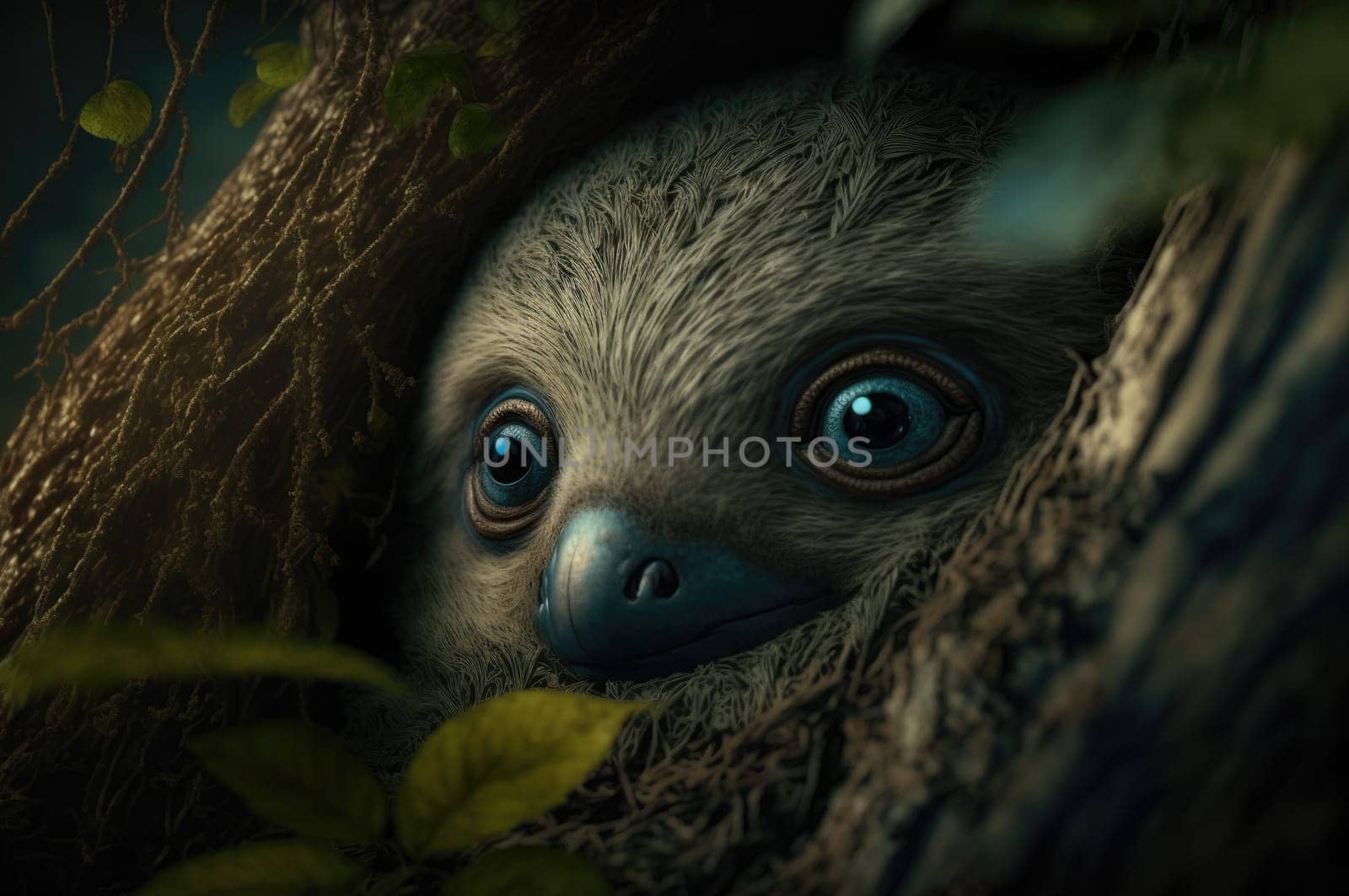 Cute sloth waking up from a nightmare in his hammock in the woods. Generative AI