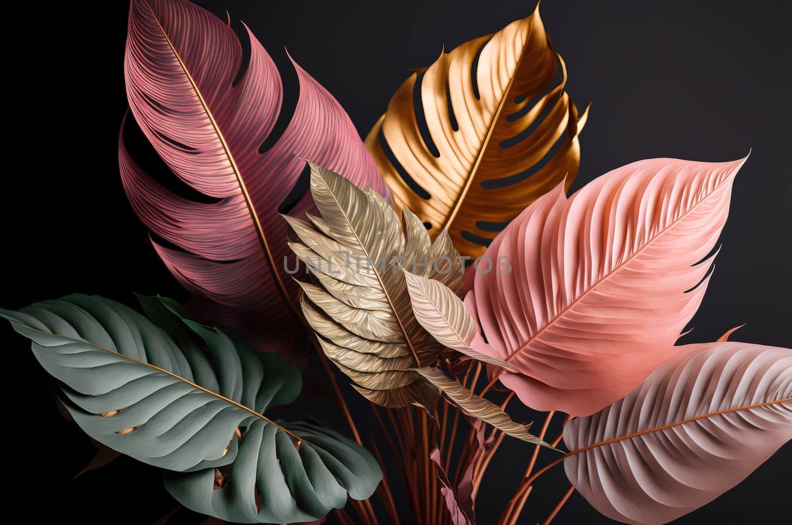 Pink, green and golden tropical leaves on dark background. Generative AI