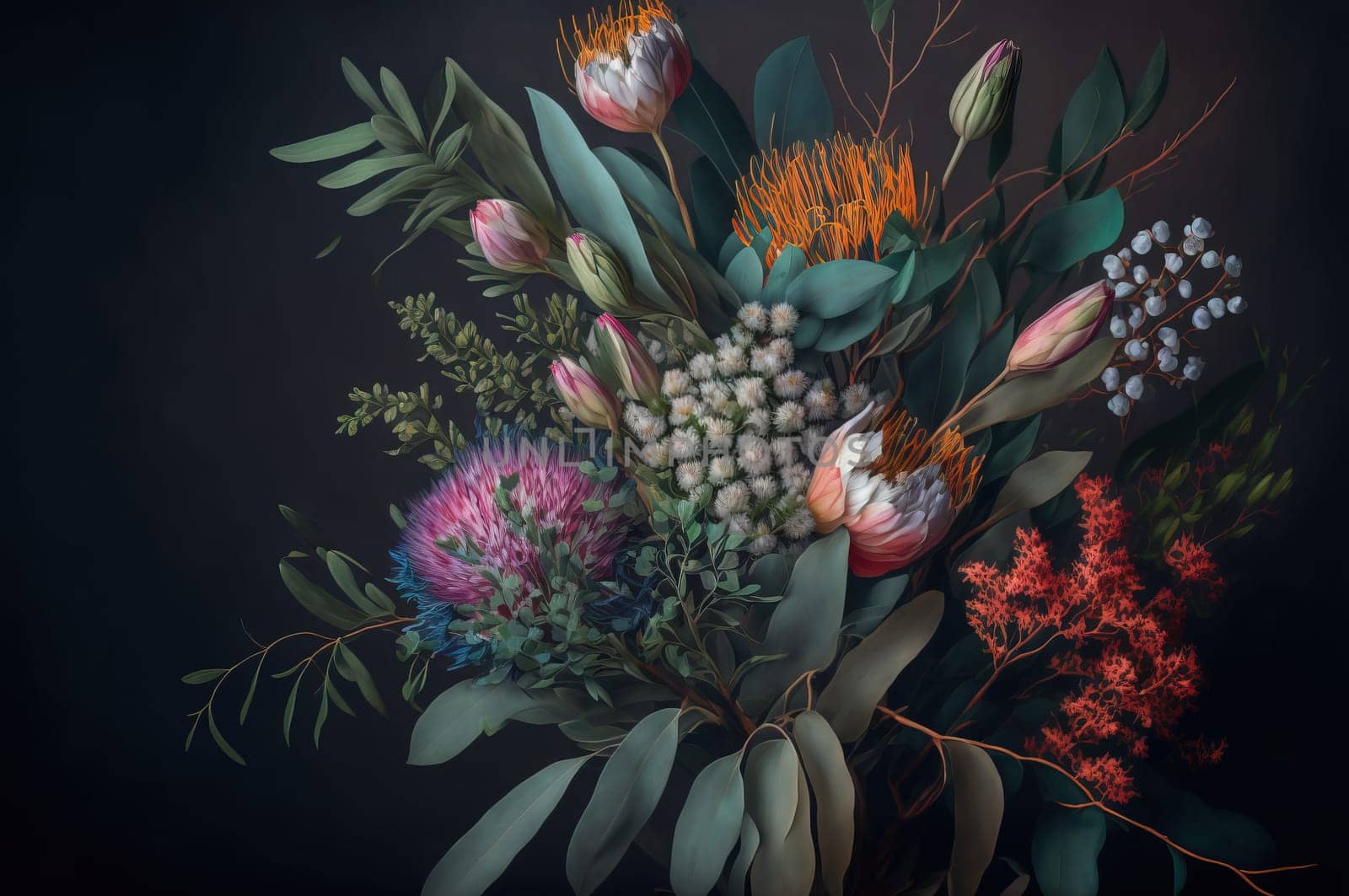 Bouquet of flowers with eucalyptus on dark background. Generative AI
