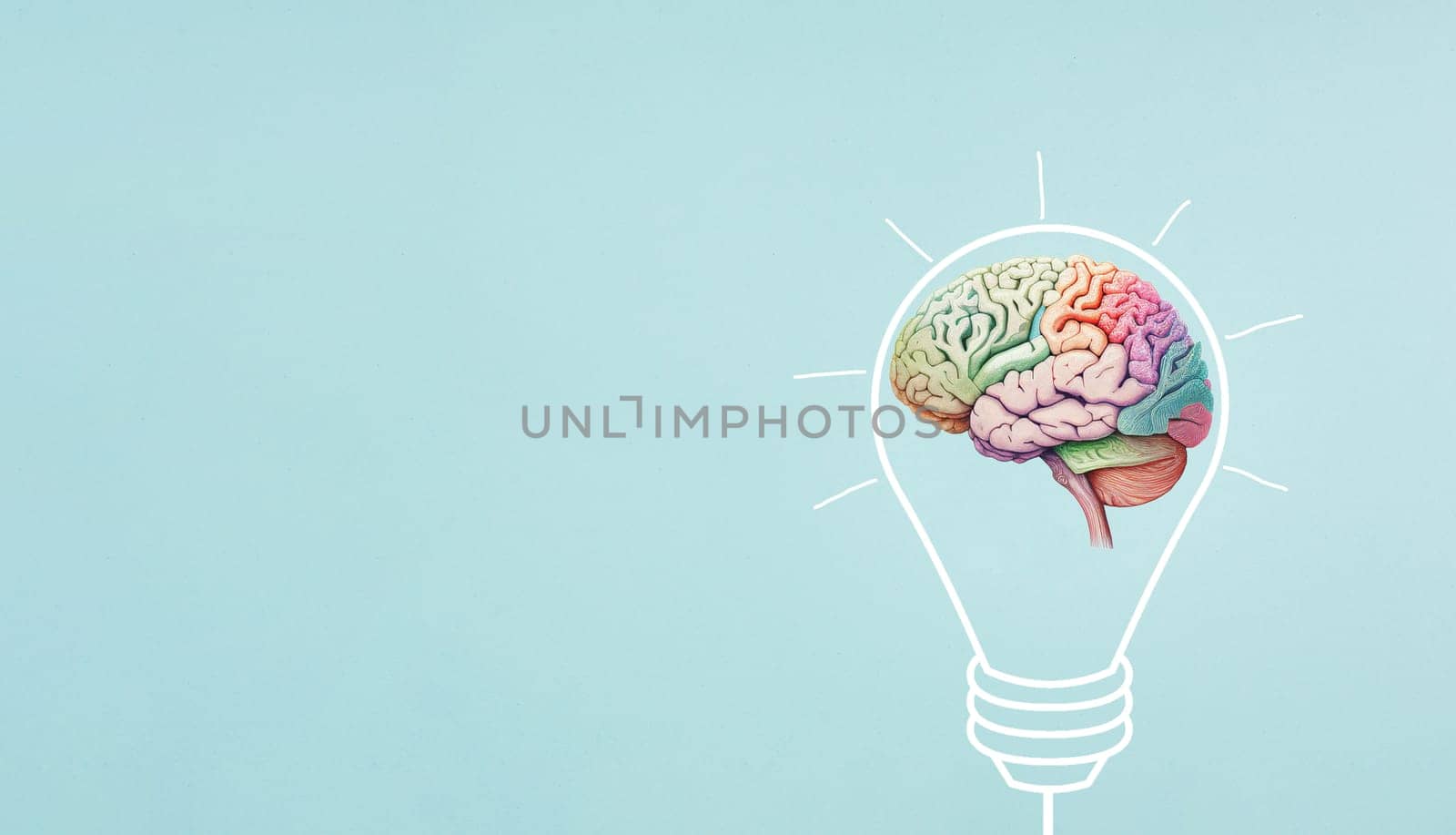 Idea in progress, light bulb with human colorful brain, development and growth concept, brainstorming for solutions, generative AI brain