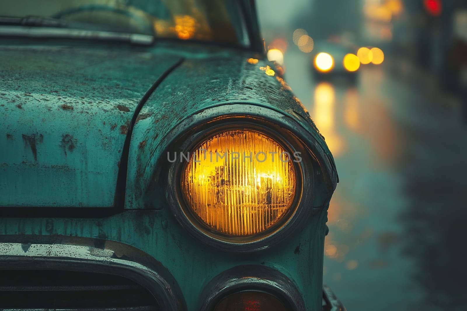 Closeup of vintage aged car headlight. Retro car headlight on a cloudy day.