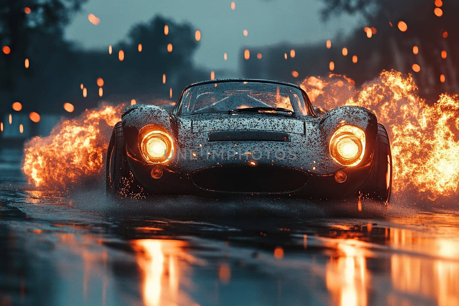 A racing car with flames of fire bursting out from under its wheels on a city street. The concept of speed.
