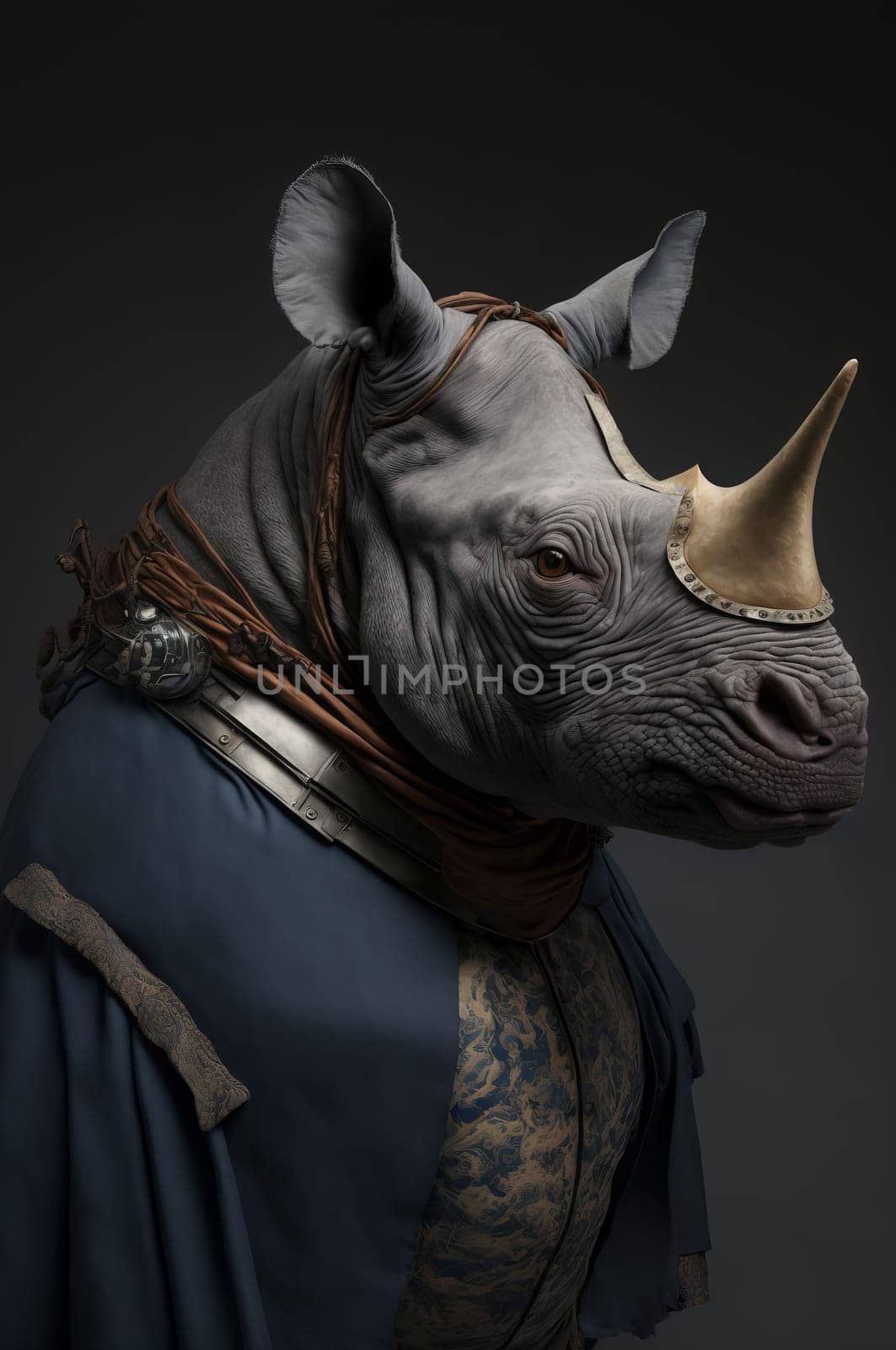Rhinoceros dressed up in historical costume against dark background. Generative AI