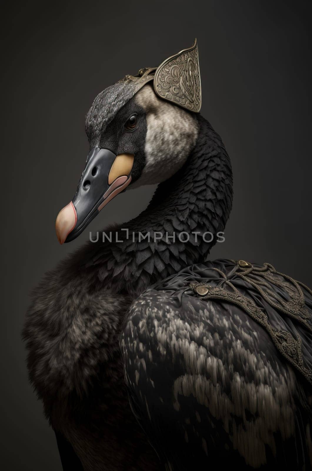 Black swan dressed up in historical costume against dark background. Generative AI