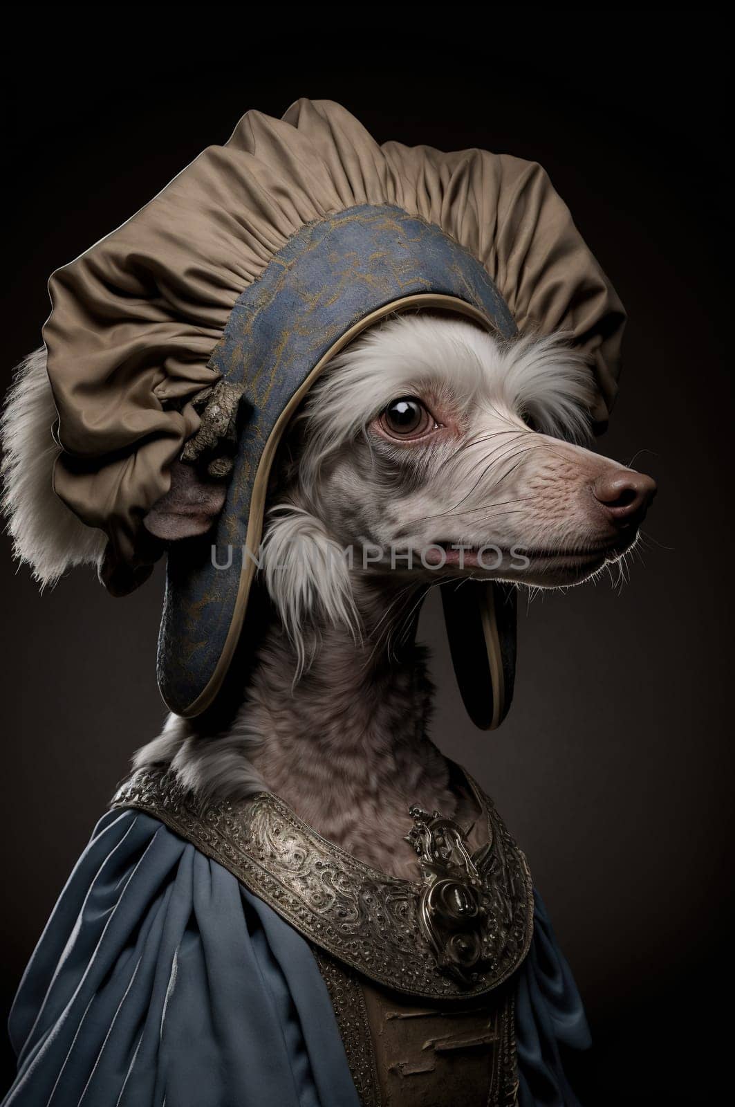 Chinese crested dog dressed up in historical costume against dark background. Generative AI