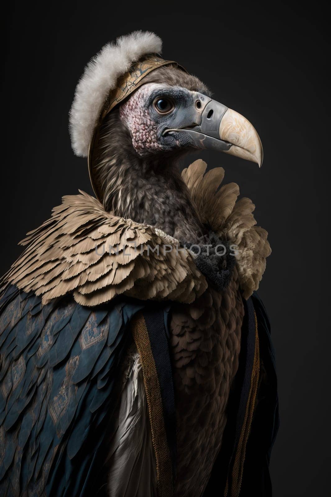 Vulture dressed up in historical costume against dark background. Generative AI