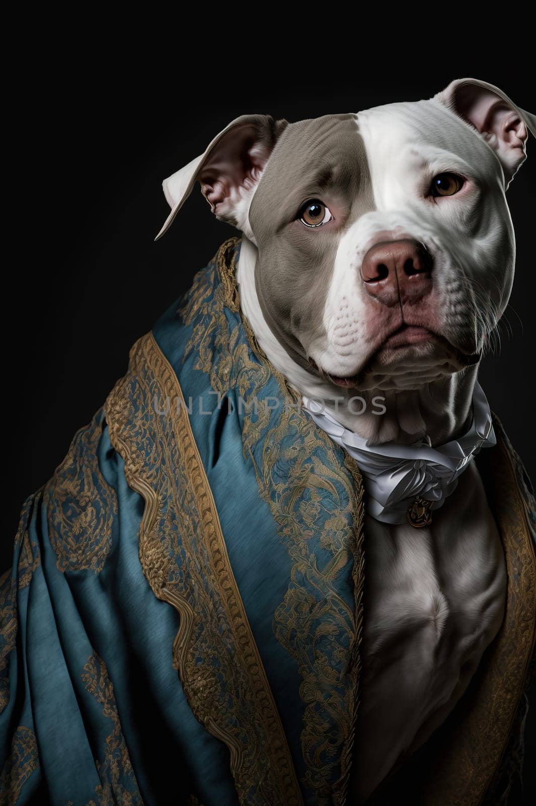 Pit bull dog dressed up in historical costume against dark background. Generative AI