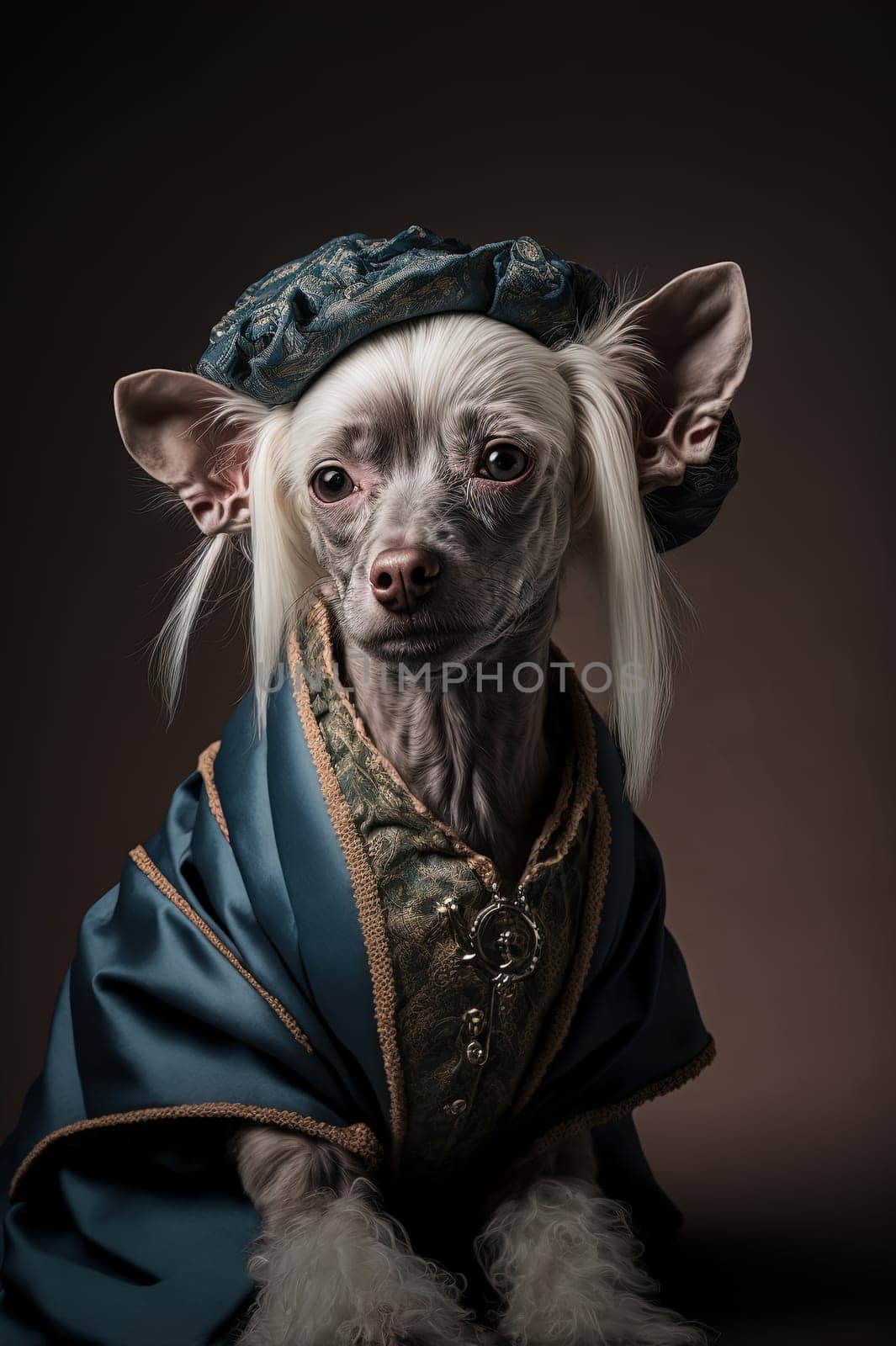 Chinese crested dog dressed up in historical costume against dark background. Generative AI