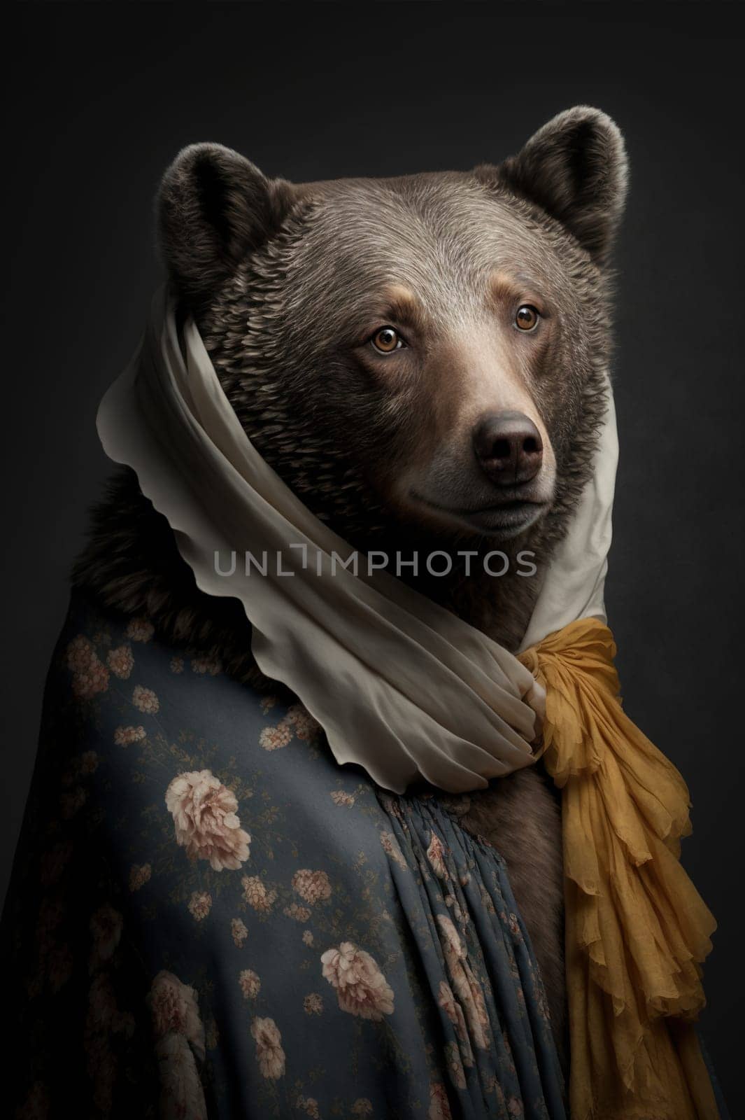 Bear dressed up in historical costume against dark background. Generative AI